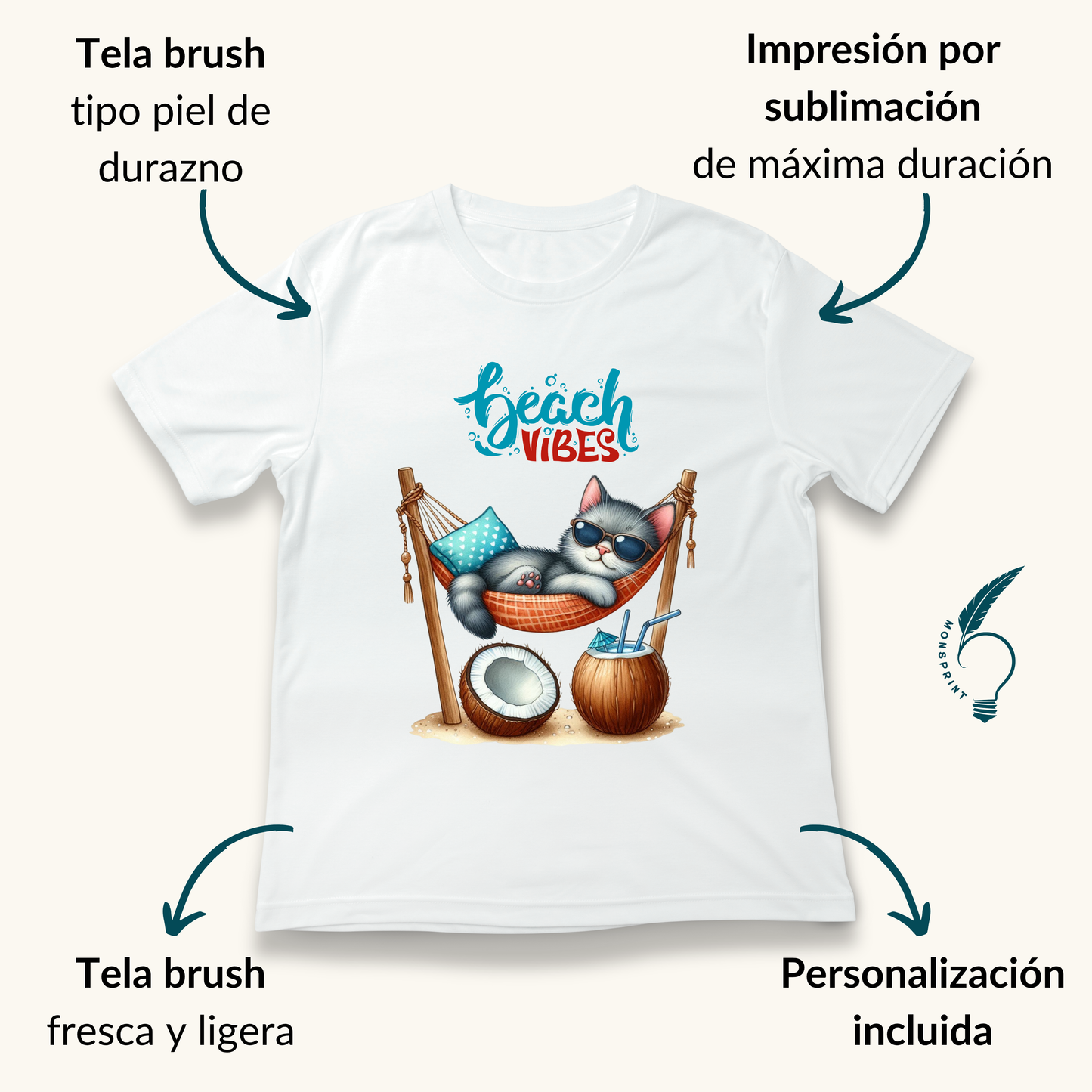 Playera personalizada Beach Vibes | Diseño exclusivo de gato | Impresión por sublimación Monsprint