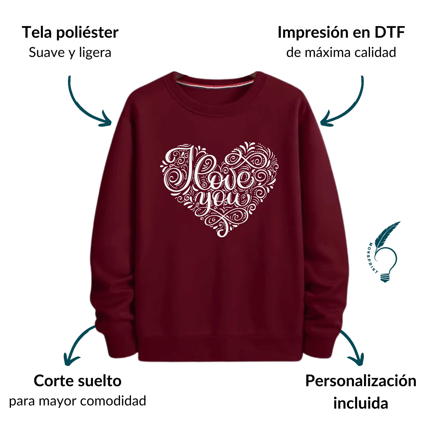 Sudadera burdeos mujer con diseño "Love You" – Personalizable Monsprint
