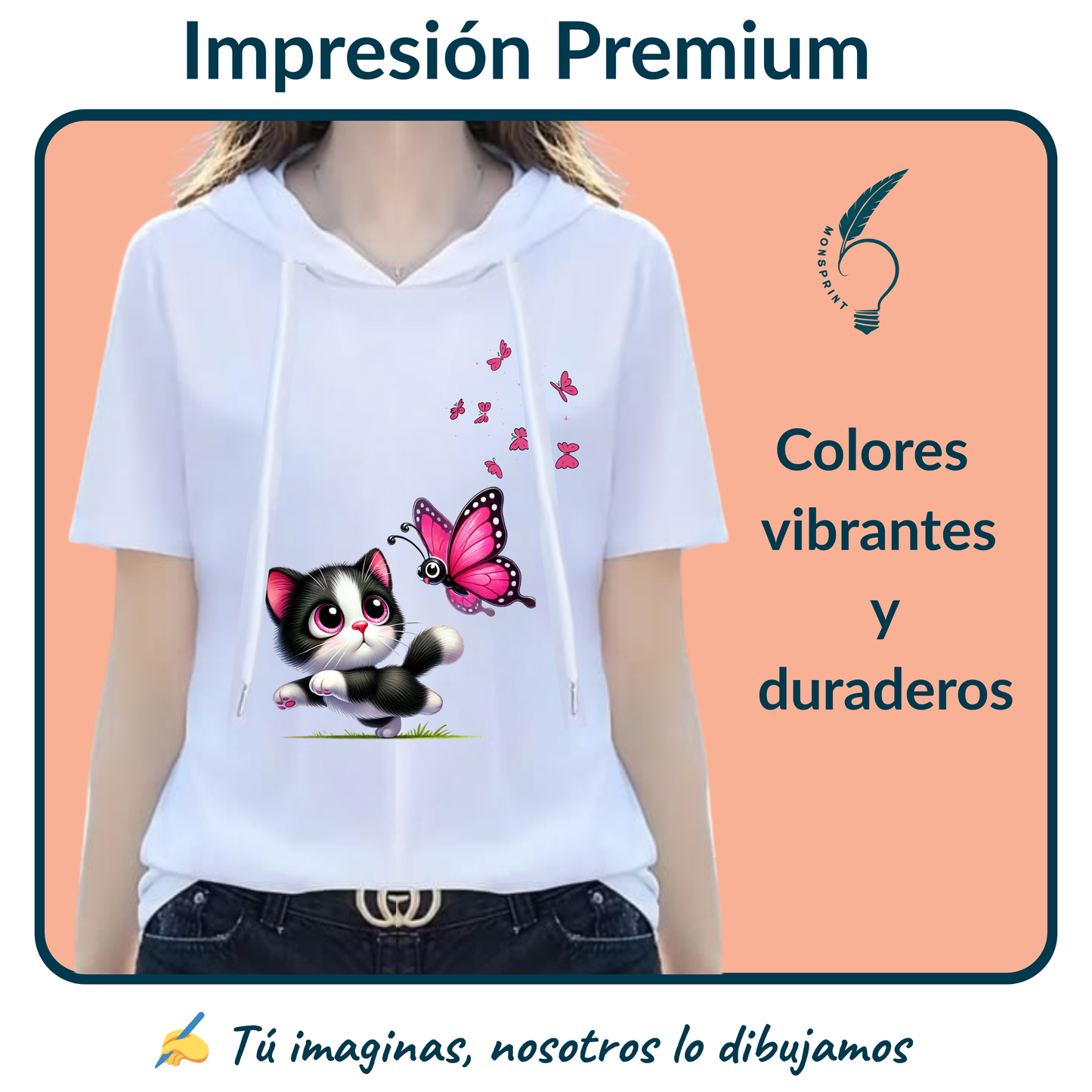 Blusa blanca con capucha para mujer – diseño gatito y mariposas – moda casual primavera/verano