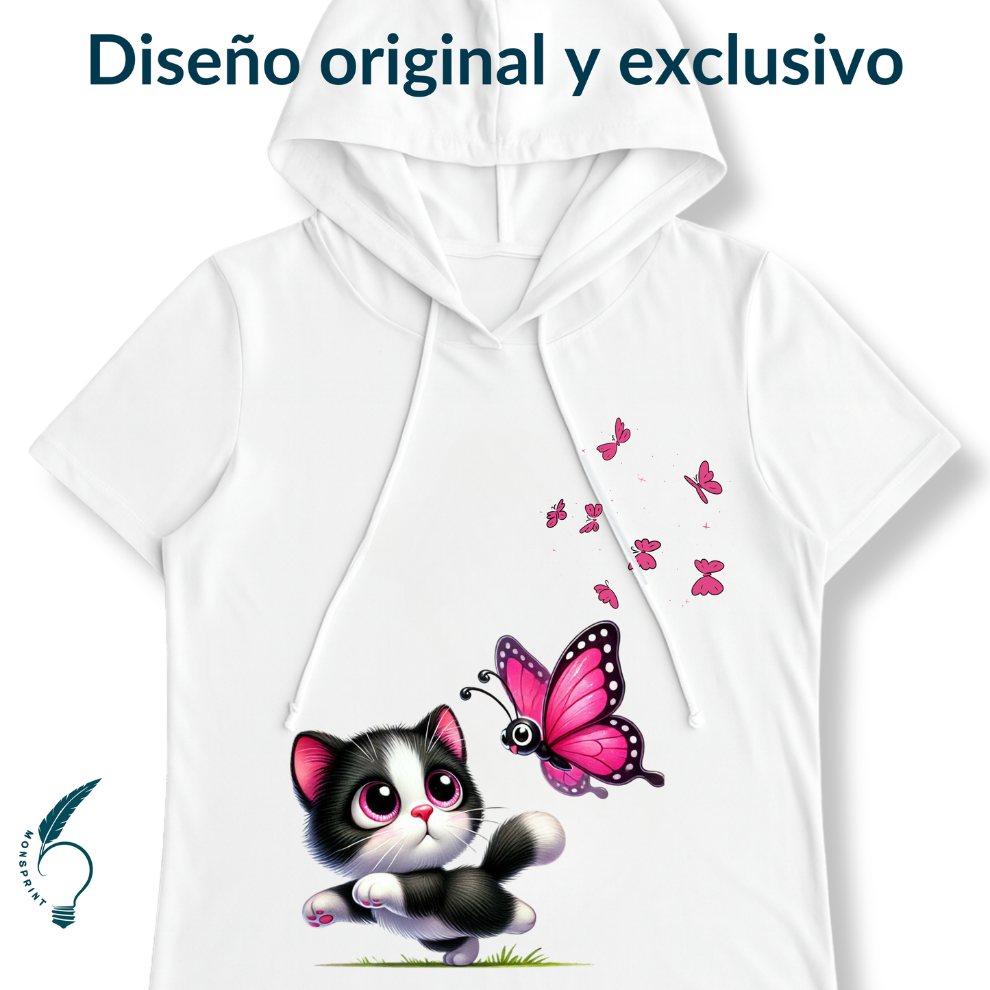 Blusa blanca con capucha para mujer – diseño gatito y mariposas – moda casual primavera/verano