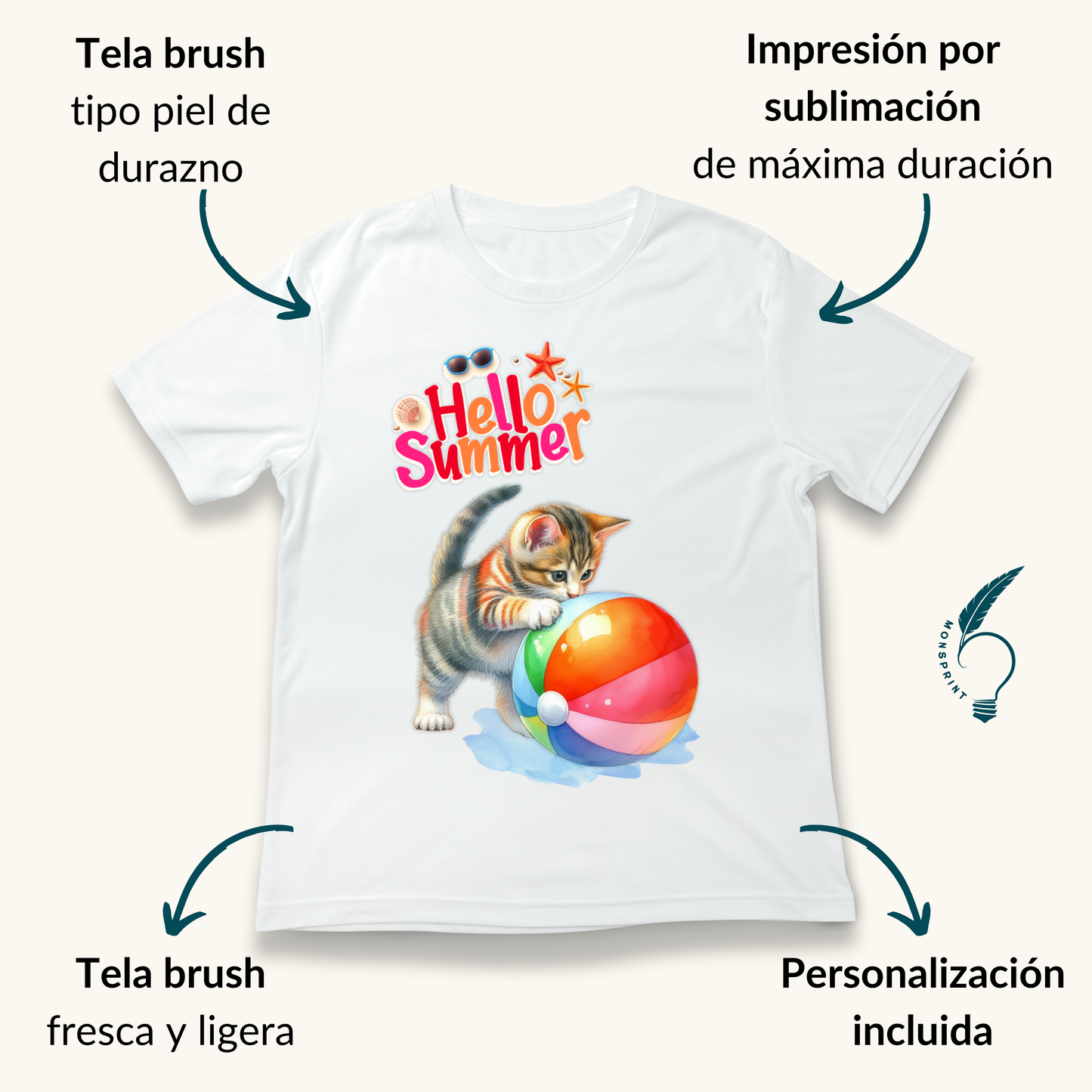 Playera Blanca de Mujer “Hello Summer” con Gatito y Pelota – Diseño Veraniego Personalizable