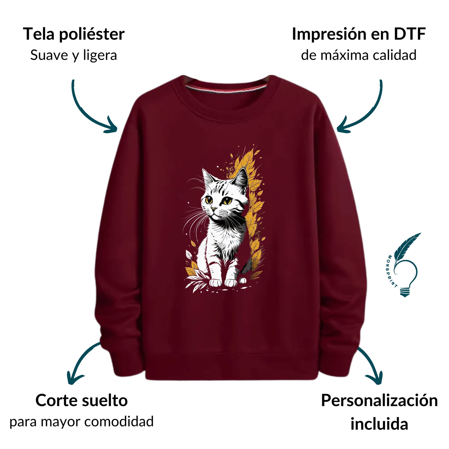 Sudadera de Gato para Mujer Color Burdeos | Diseño Otoñal Original | Personalizable Monsprint