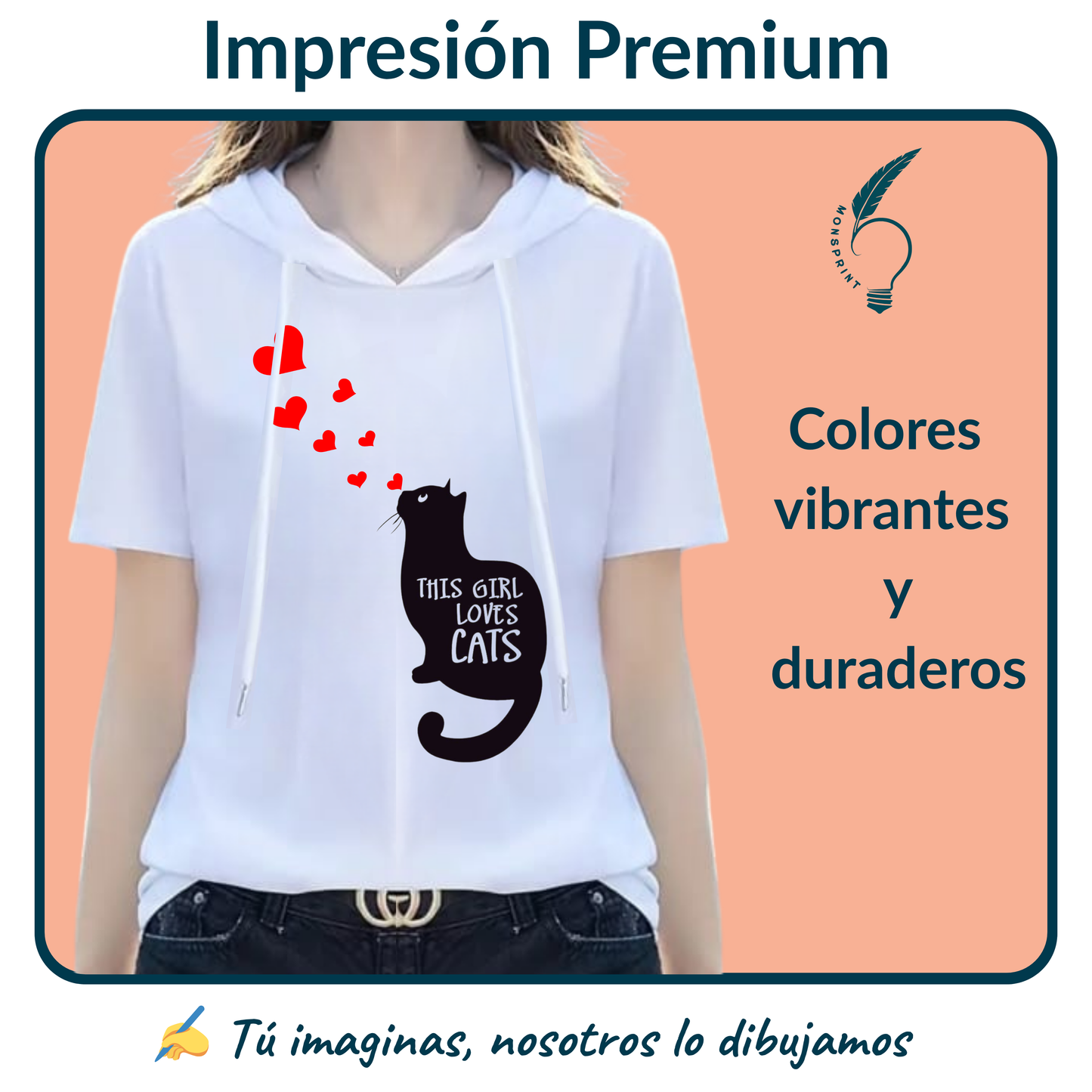 Blusa blanca con capucha para mujer | Diseño de gato con corazones “This Girl Loves Cats” | Estilo casual personalizado Monsprint