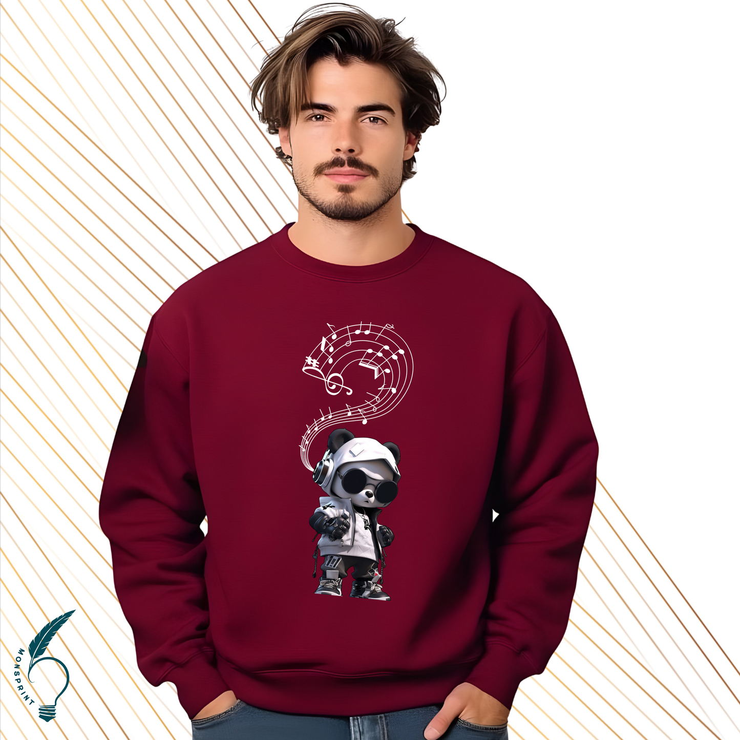 Sudadera Borgoña para caballero. Personalizada. Panda musical