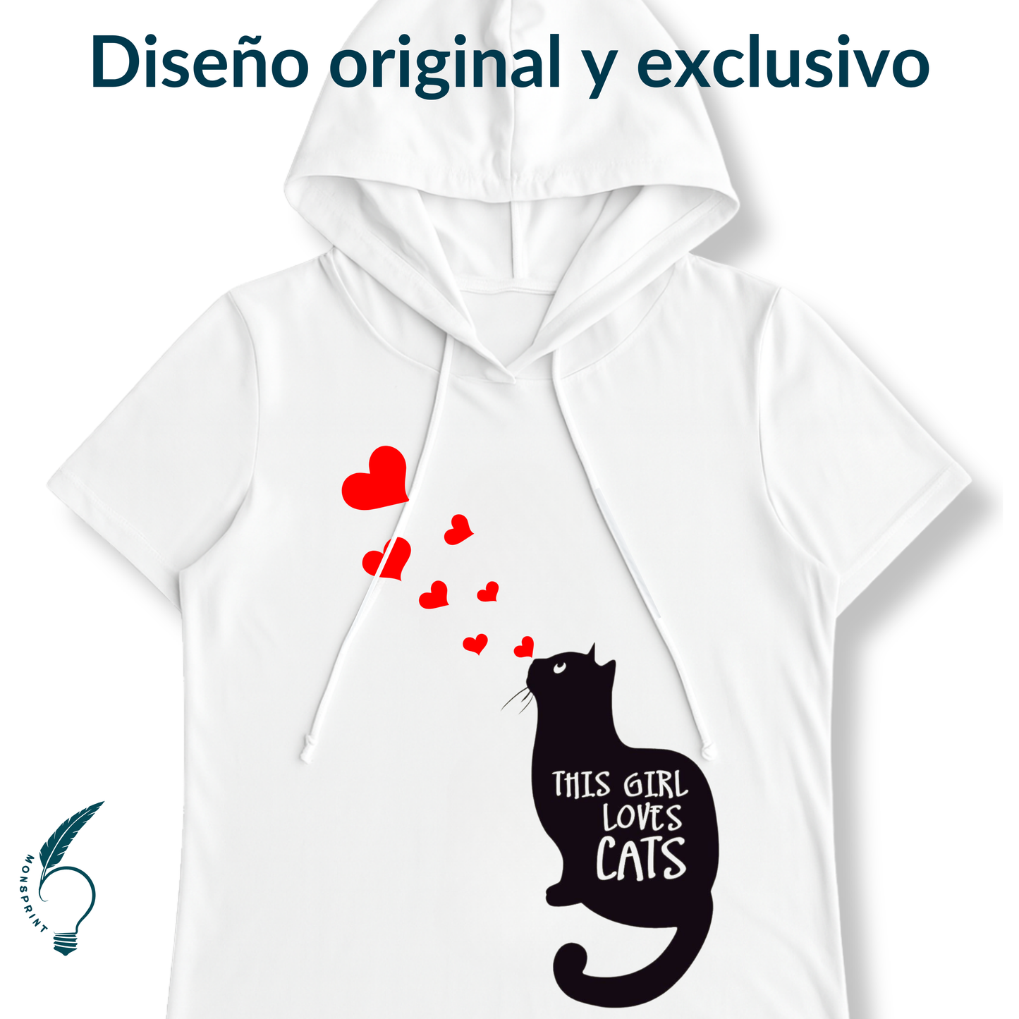 Blusa blanca con capucha para mujer | Diseño de gato con corazones “This Girl Loves Cats” | Estilo casual personalizado Monsprint
