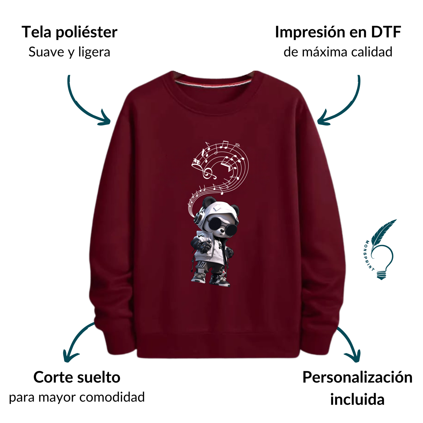 Sudadera Panda Urbano – Diseño Musical Bordó | Monsprint