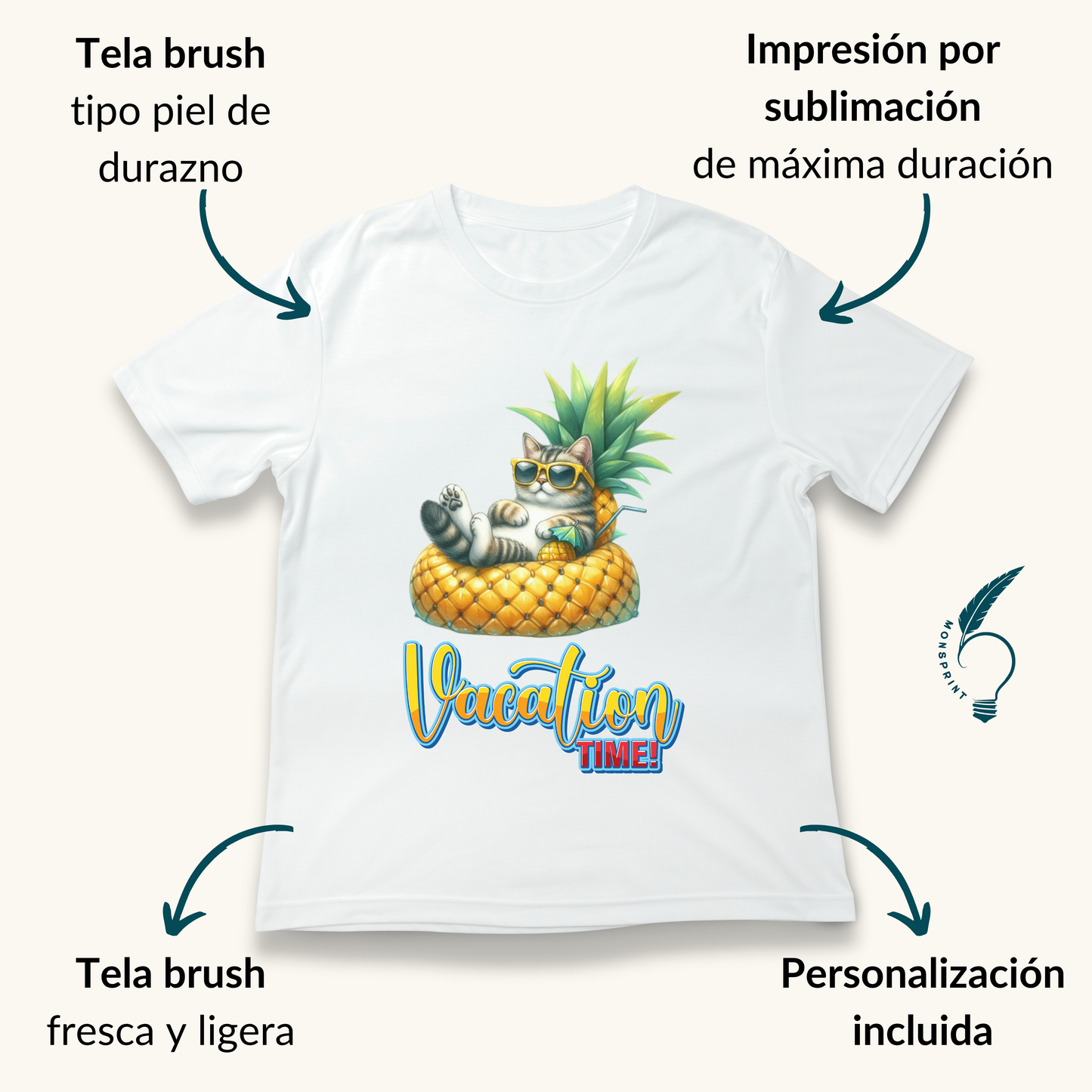 Playera blanca de mujer con diseño de gato veraniego en piña | Estilo divertido Vacation Time - Monsprint