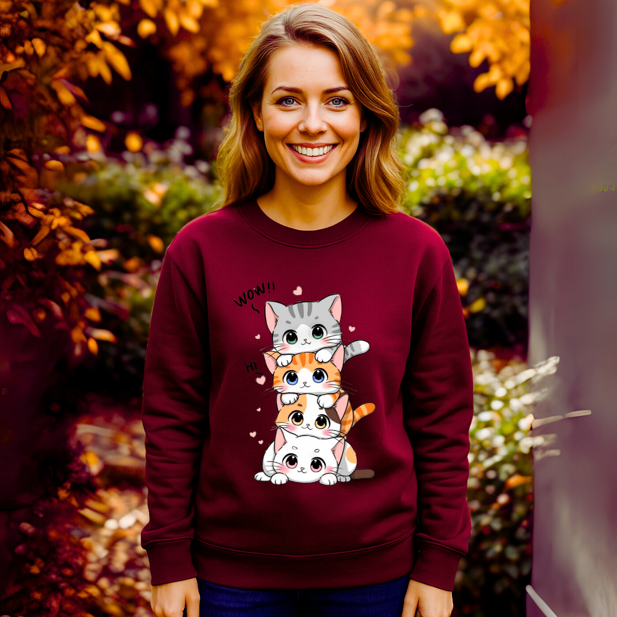 Sudadera burdeos mujer con estampado de gatitos kawaii | Monsprint personalizable