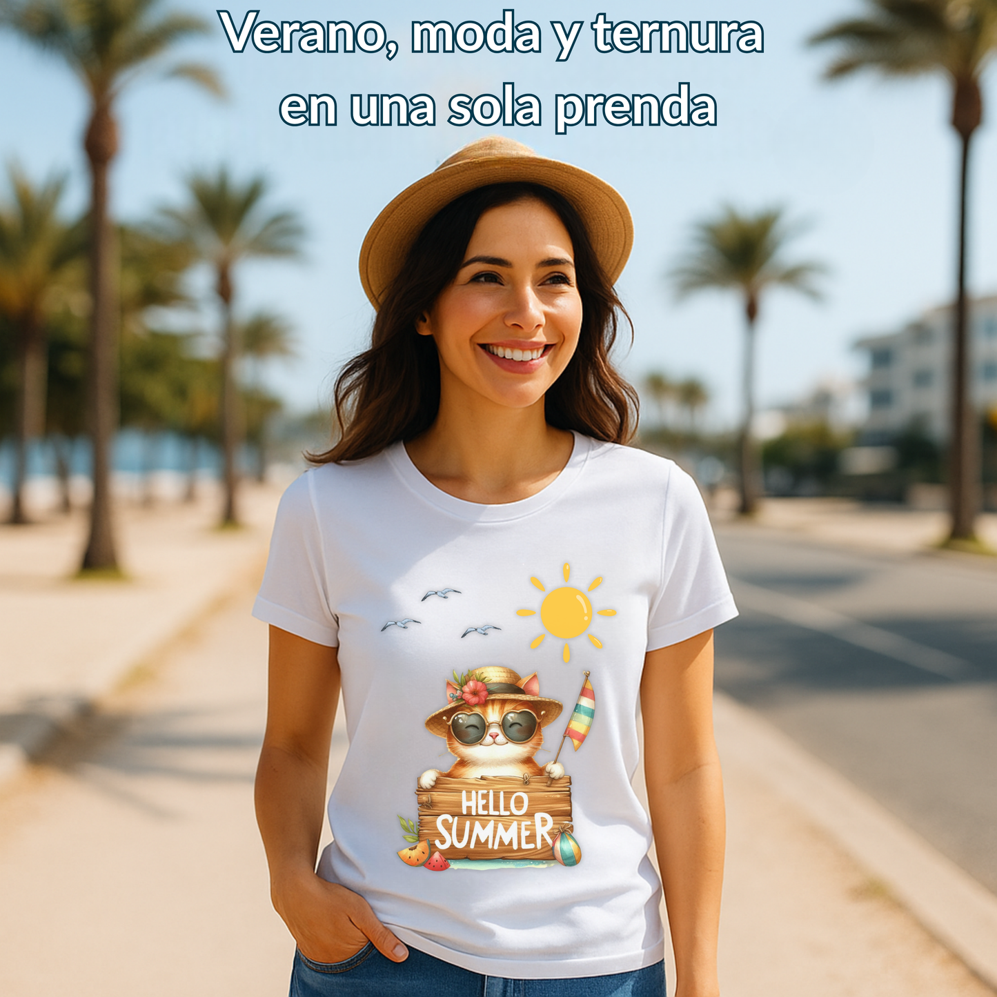 Playera blanca de verano con gato tropical – Diseño “Hello Summer” | Moda femenina personalizada