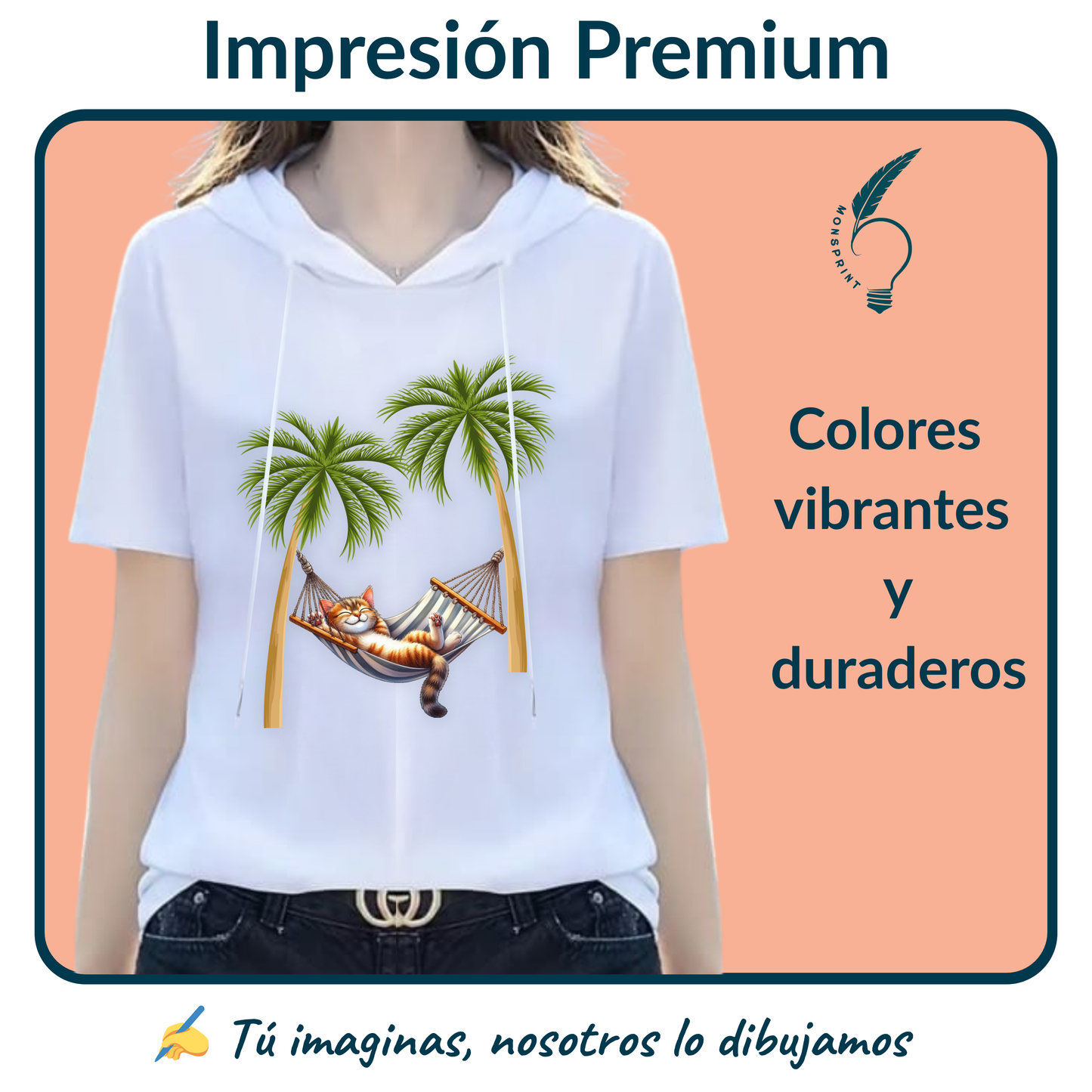 Blusa blanca con capucha para mujer | Gato en hamaca bajo palmeras – Diseño veraniego y tierno