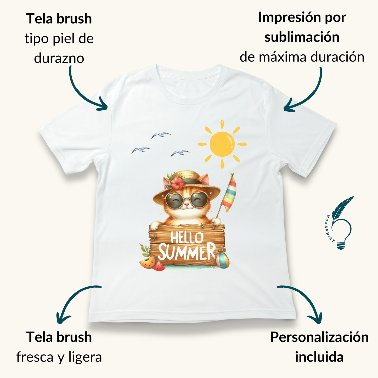 Playera blanca de verano con gato tropical – Diseño “Hello Summer” | Moda femenina personalizada