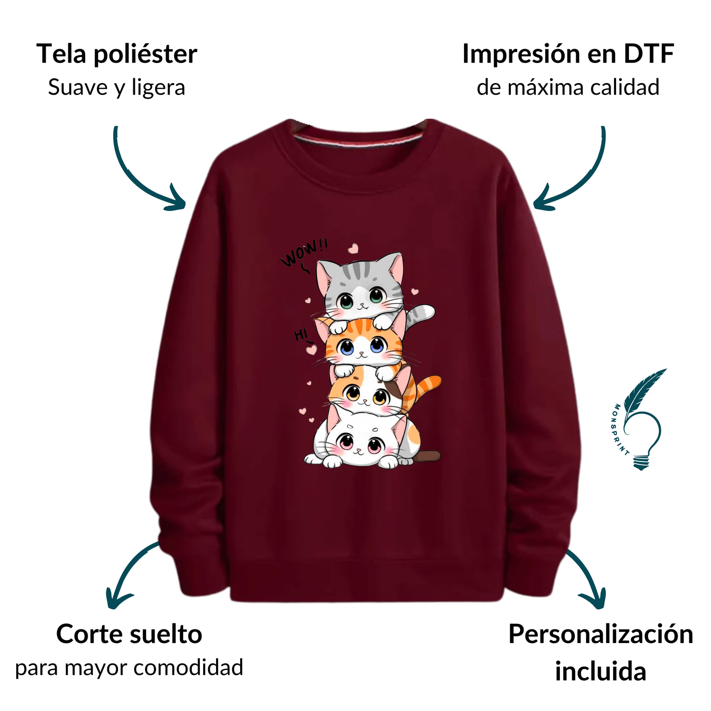 Sudadera burdeos mujer con estampado de gatitos kawaii | Monsprint personalizable