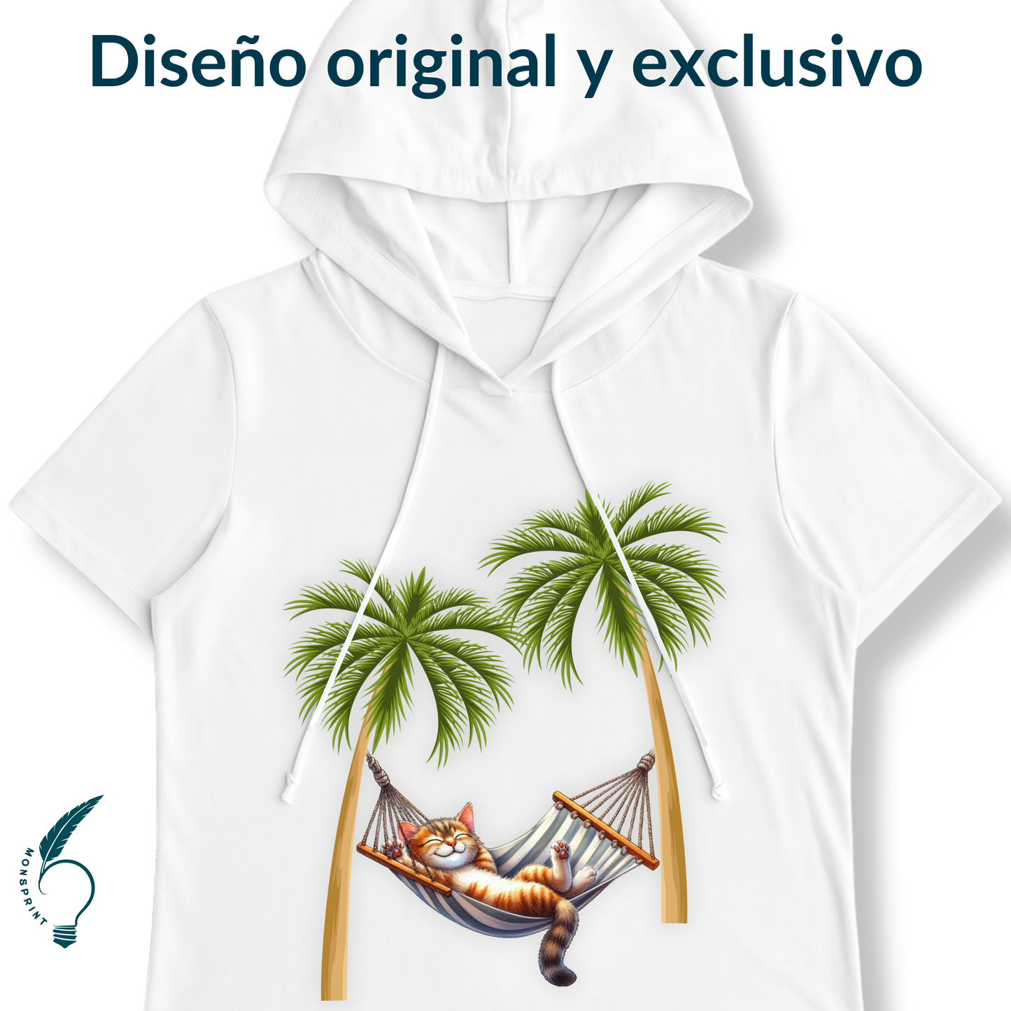 Blusa blanca con capucha para mujer | Gato en hamaca bajo palmeras – Diseño veraniego y tierno