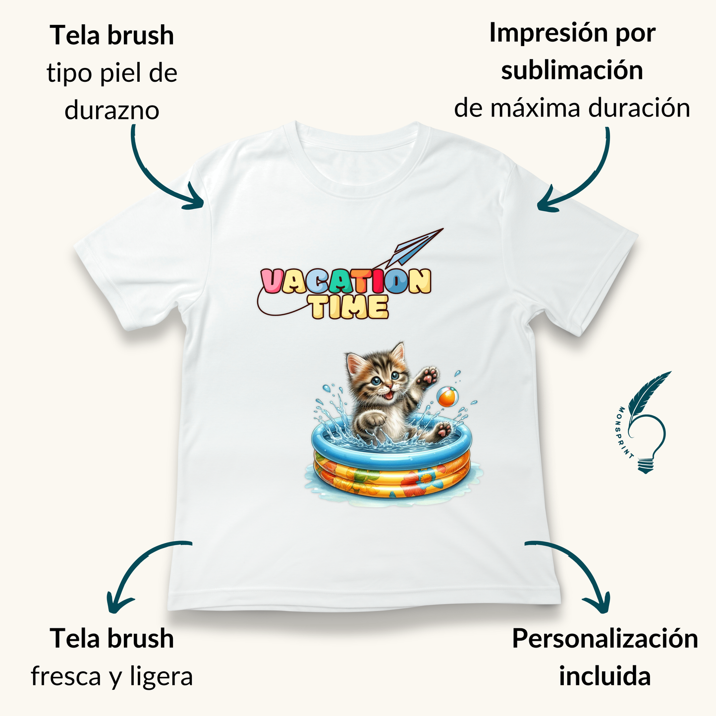 Playera mujer “Vacation Time” con gatito en alberca – diseño tierno y divertido | Monsprint personalizada