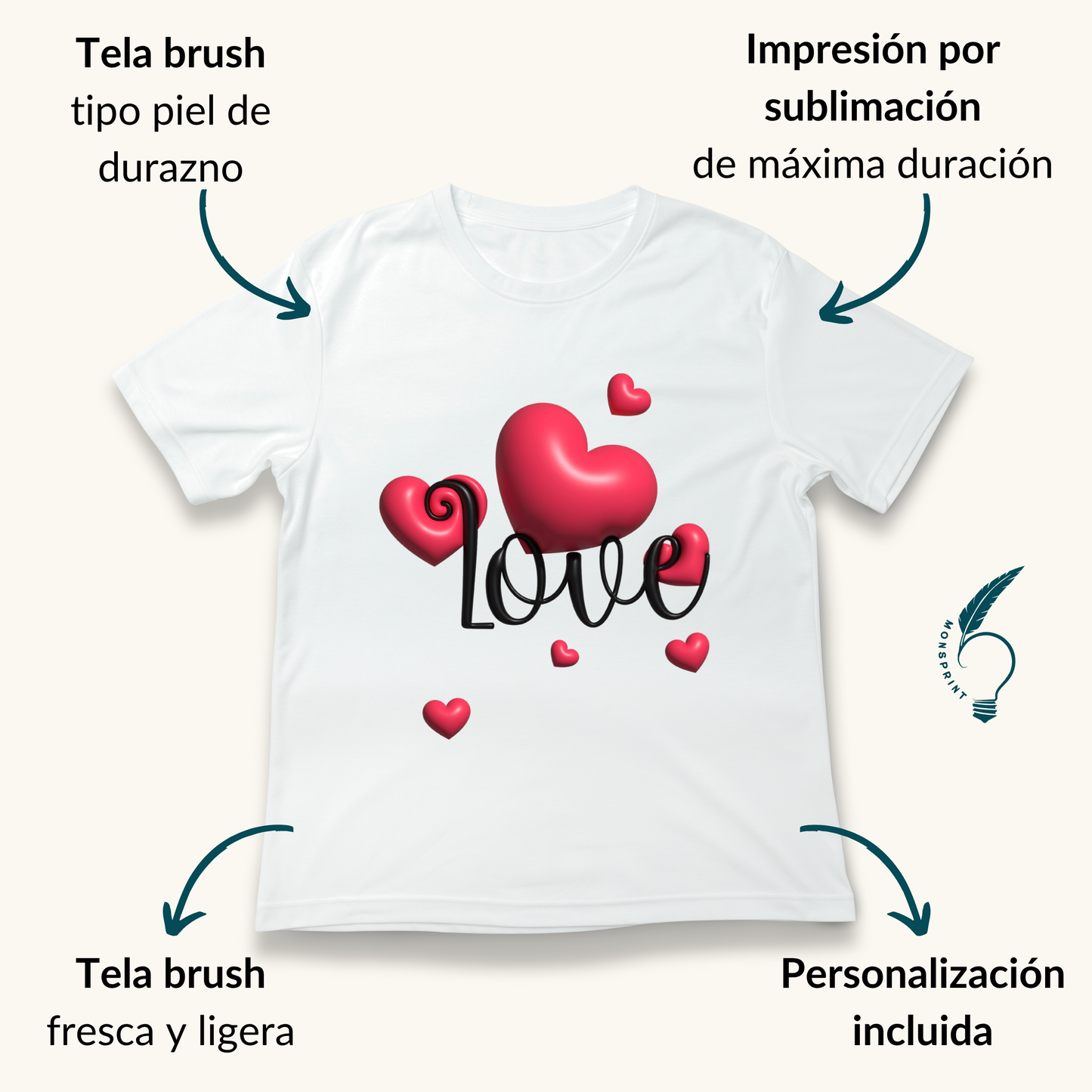Playera Blanca para Mujer con Diseño de Corazones “Love” – Personalizada, Estilo Romántico y Casual | Monsprint