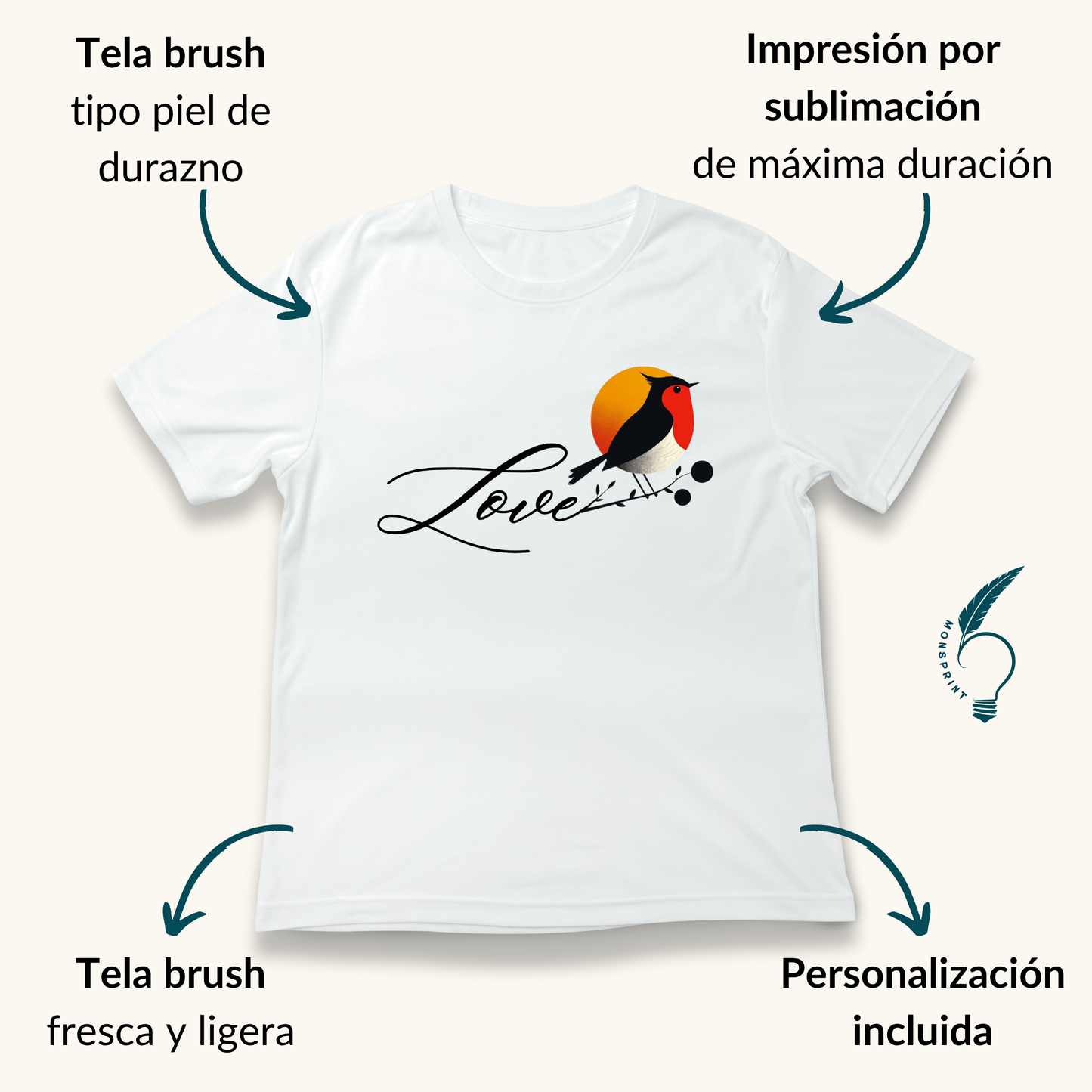 Playera Blanca de Mujer con Diseño Love y Ave al Atardecer – Estilo Romántico, Impresión Sublimada Premium