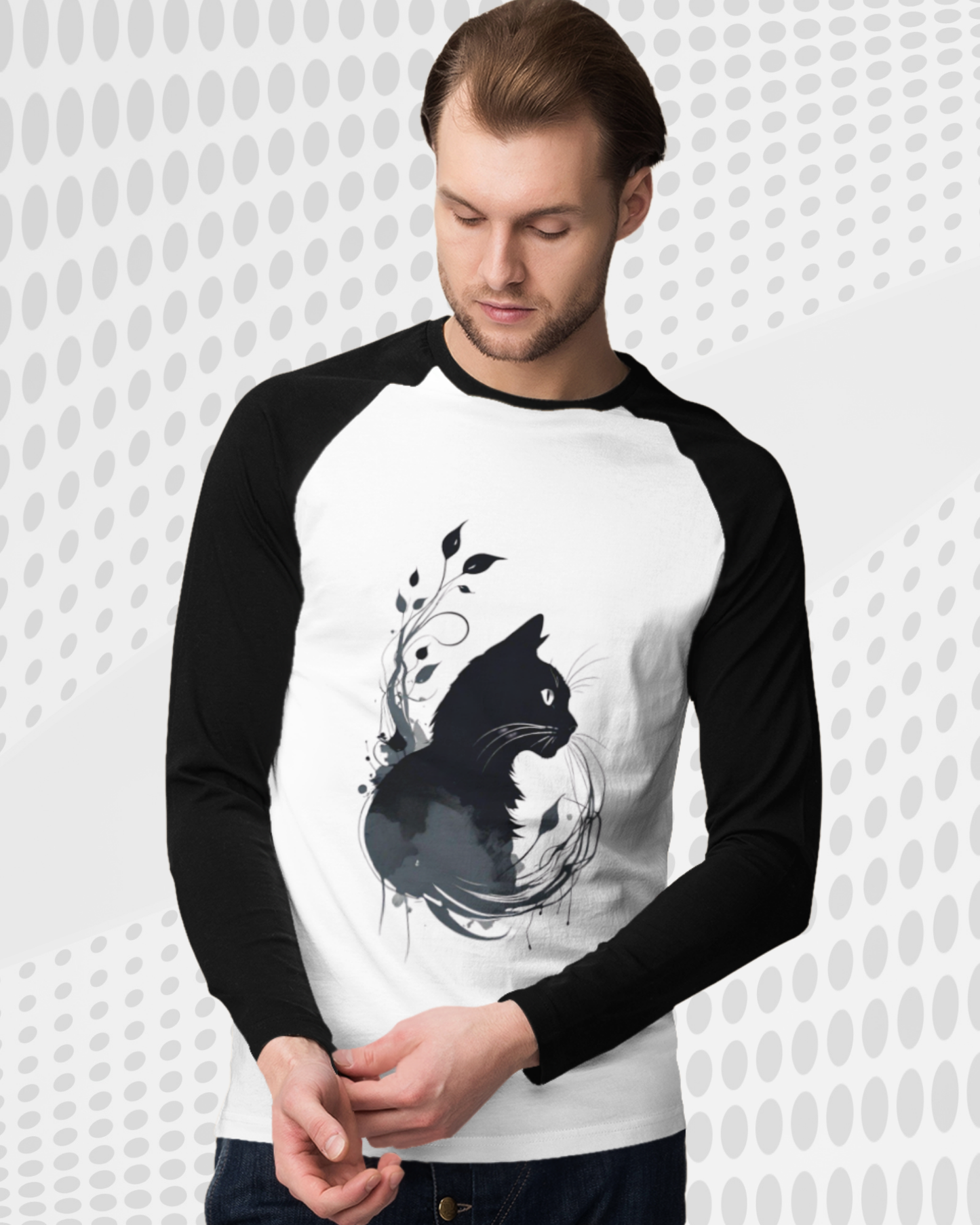 Playera tipo ranglan para hombre. Cat black