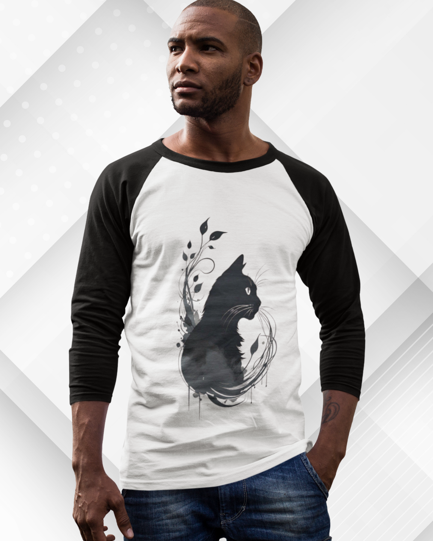 Playera tipo ranglan para hombre. Cat black