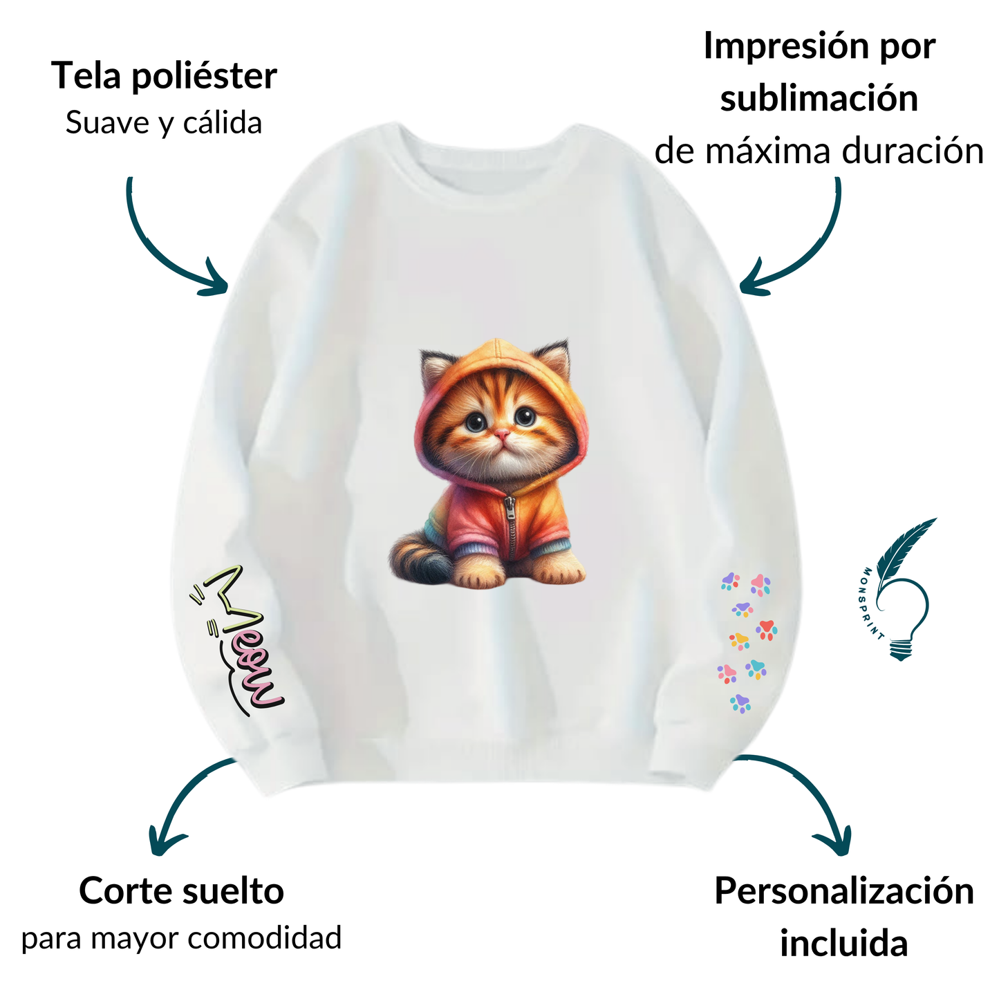 Sudadera Personalizada para Dama. Gatito Meow