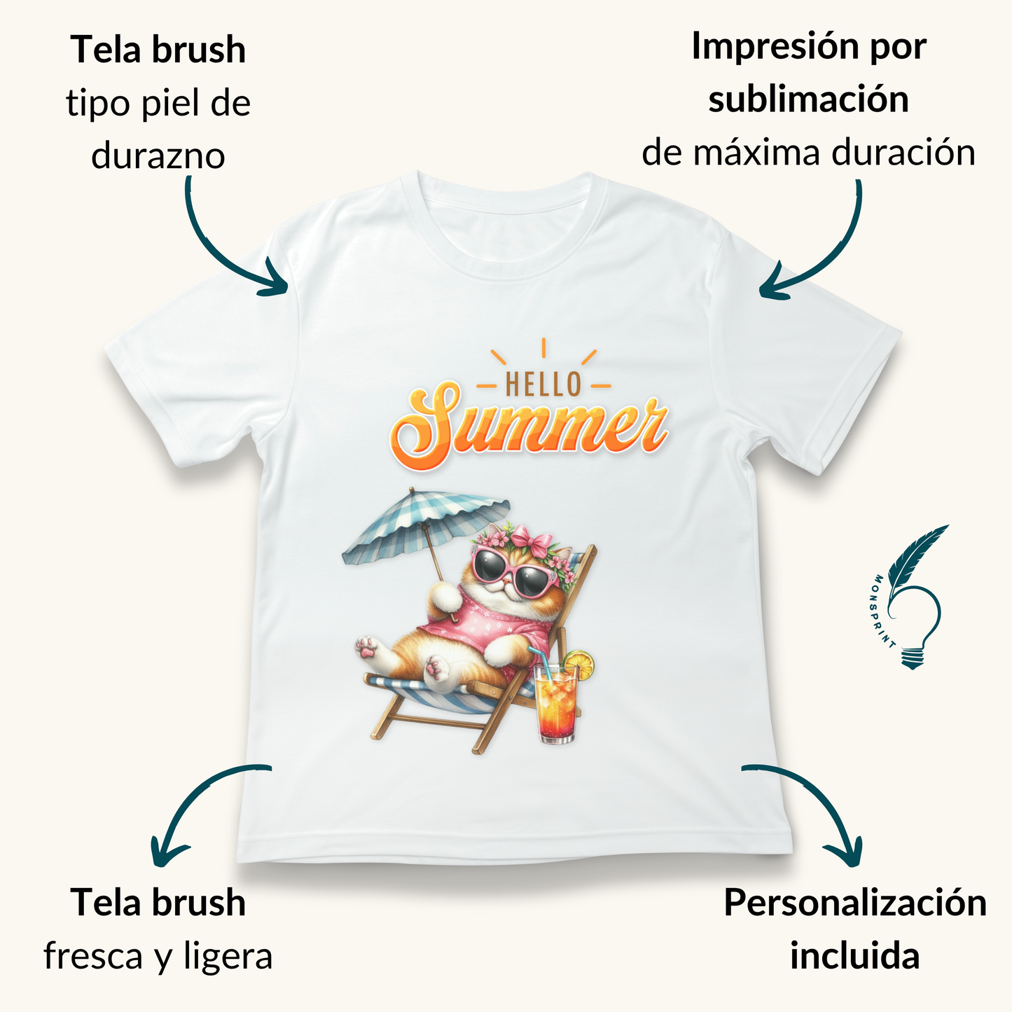 Playera de verano mujer “Hello Summer” | Diseño de gato en reposera | Impresión ecológica personalizada Monsprint