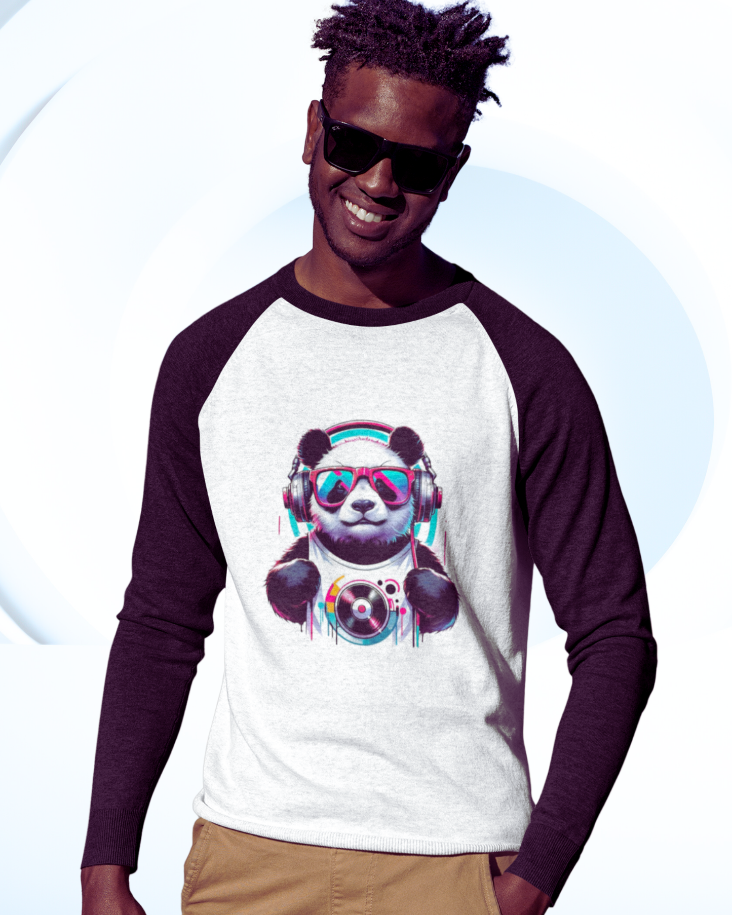 Playera tipo ranglan para hombre. Panda musical
