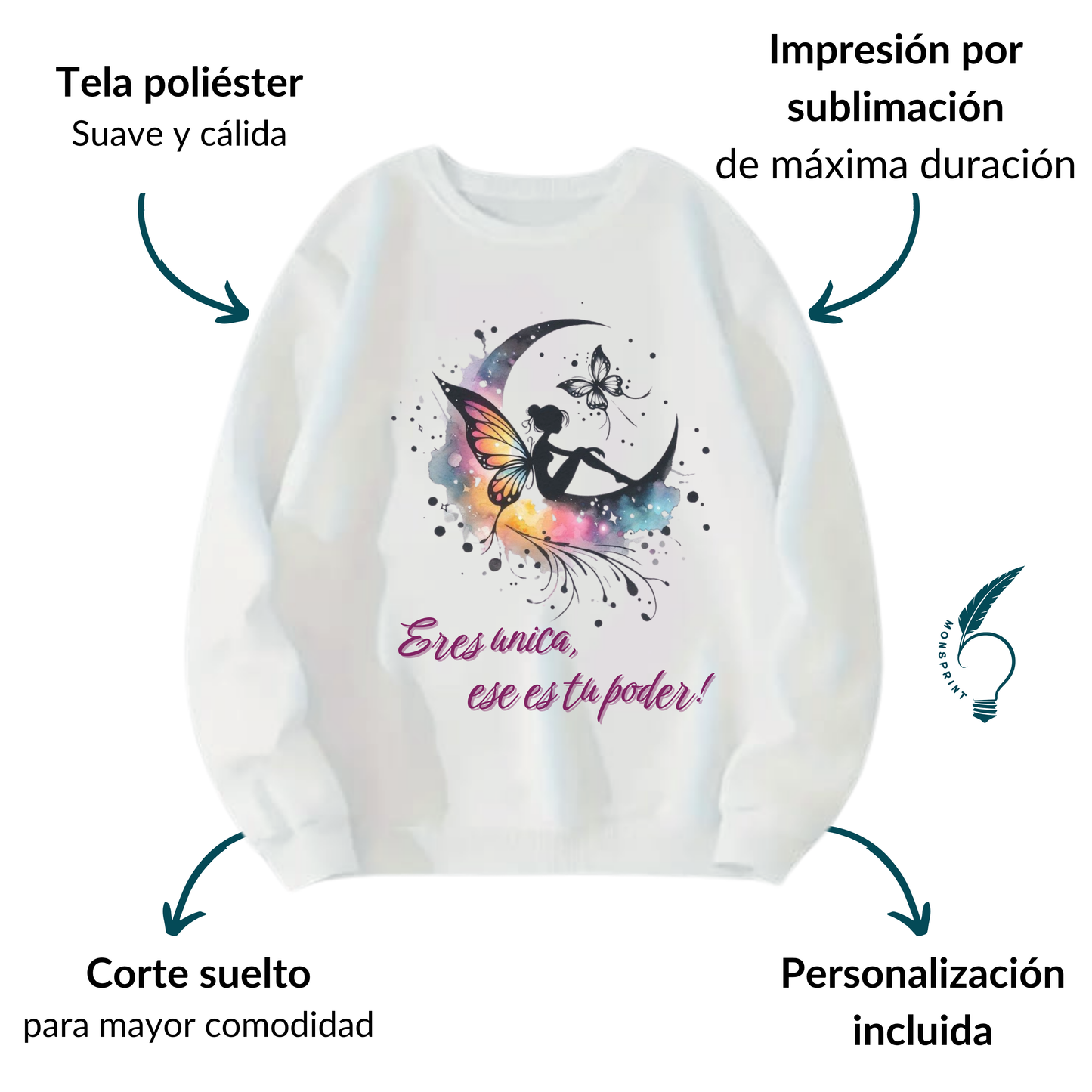 Sudadera blanca Personalizada. Eres Única, ese es tu Poder. Hada Colores