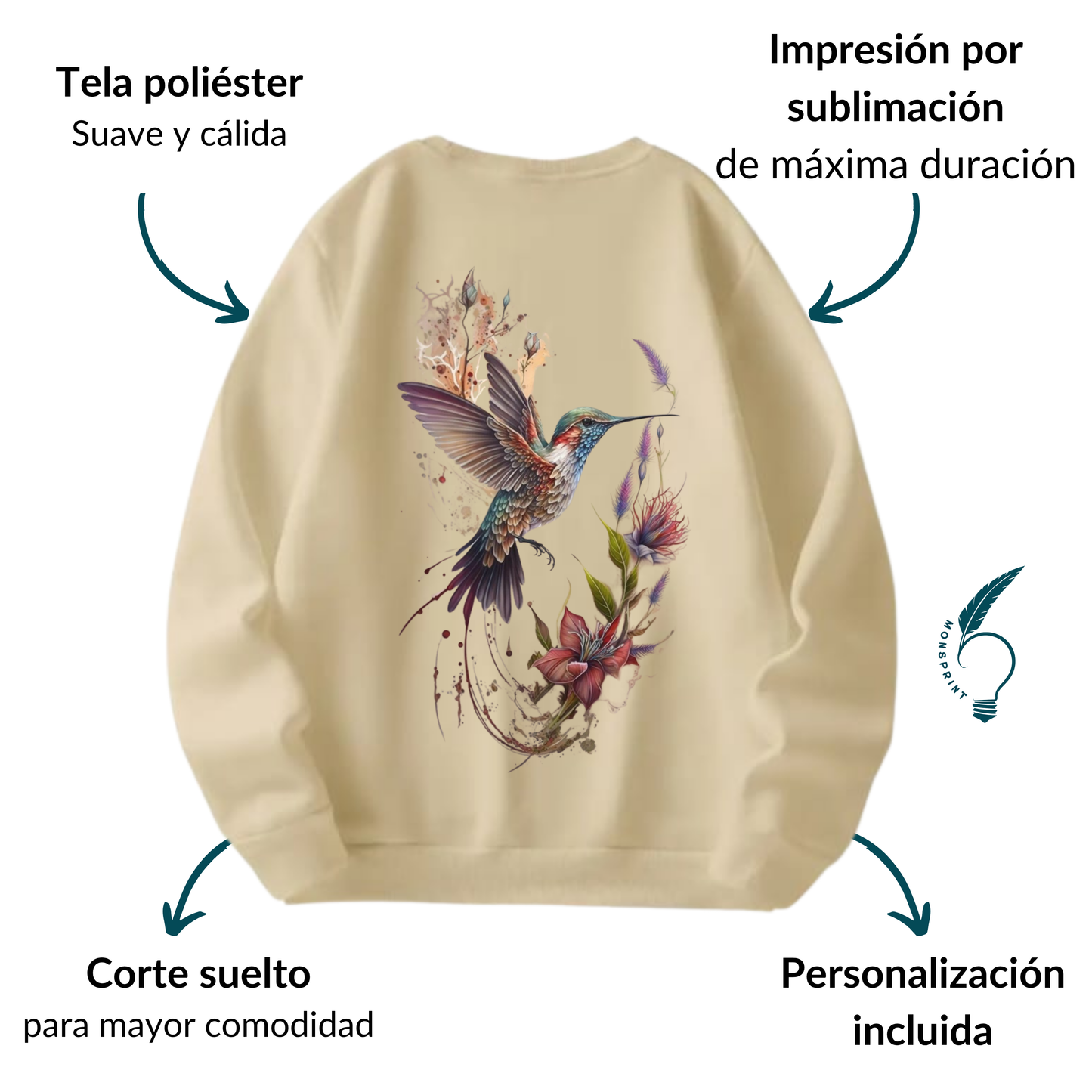 Sudadera beige para dama. Personalizada. Colibrí de colores