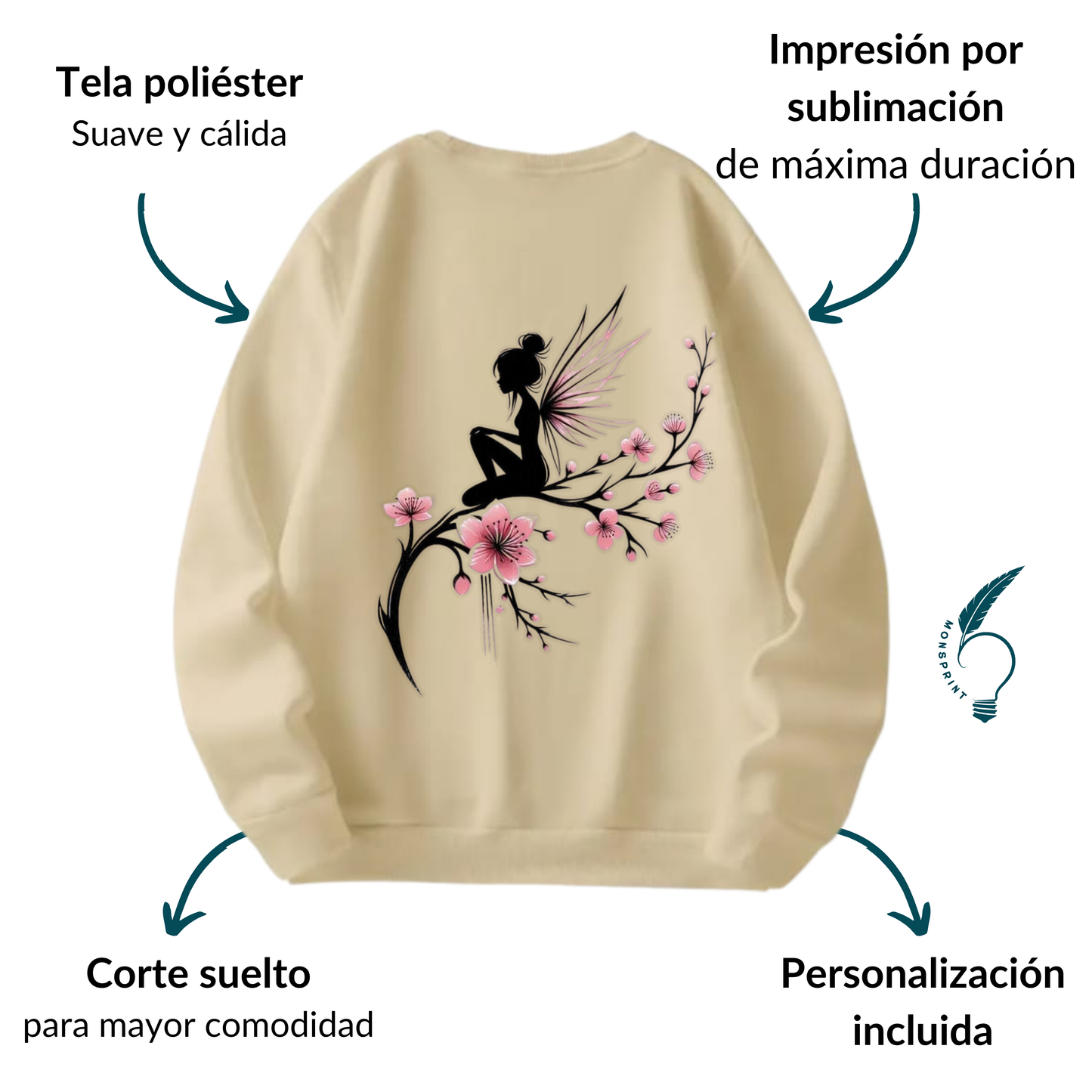 Sudadera Personalizada Beige, Hada con flores