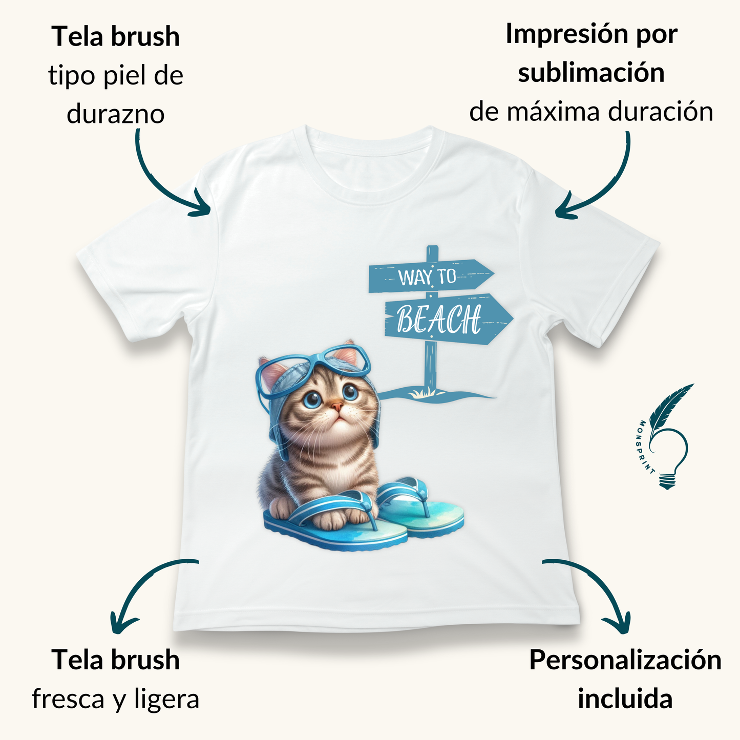 Playera personalizada con gatito “Way to Beach” | Diseño adorable, tela suave y personalizable