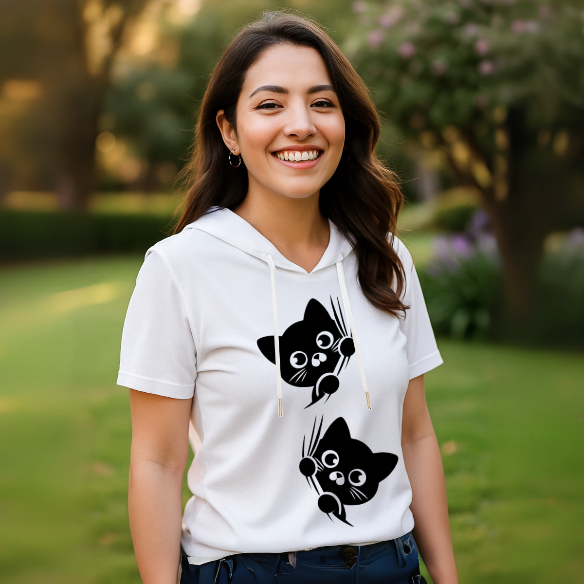 Blusa Blanca Mujer con Capucha Estampado Gatitos | Casual Deportiva Monsprint