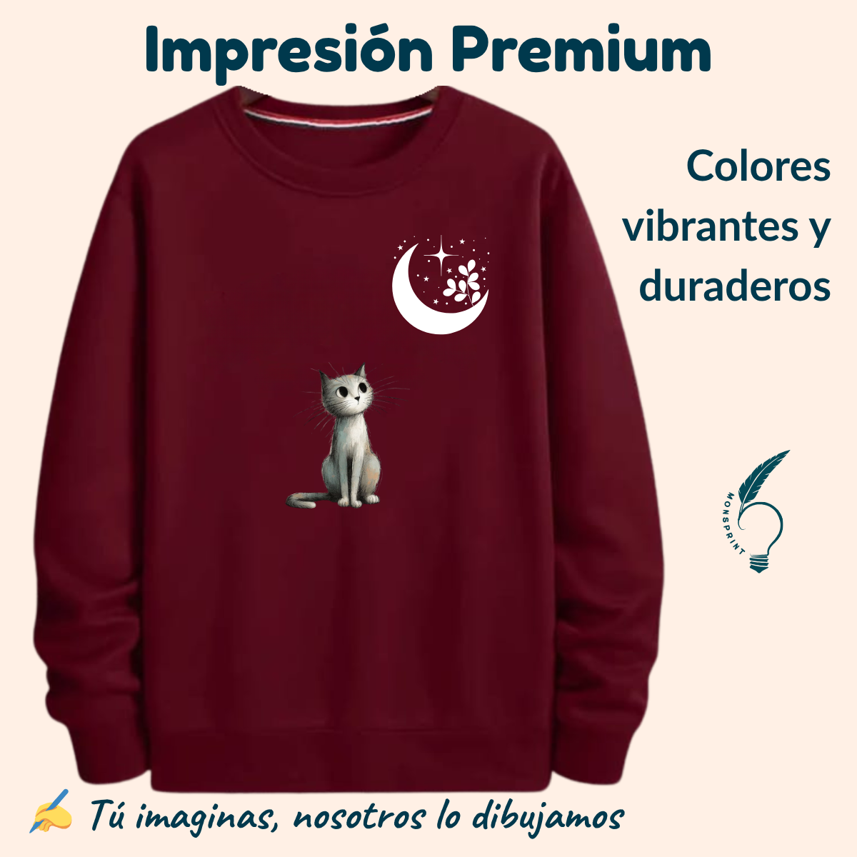 Sudadera Burdeos de Mujer con Gatito y Luna 🌙 | Personalizable y Estilo Monsprint