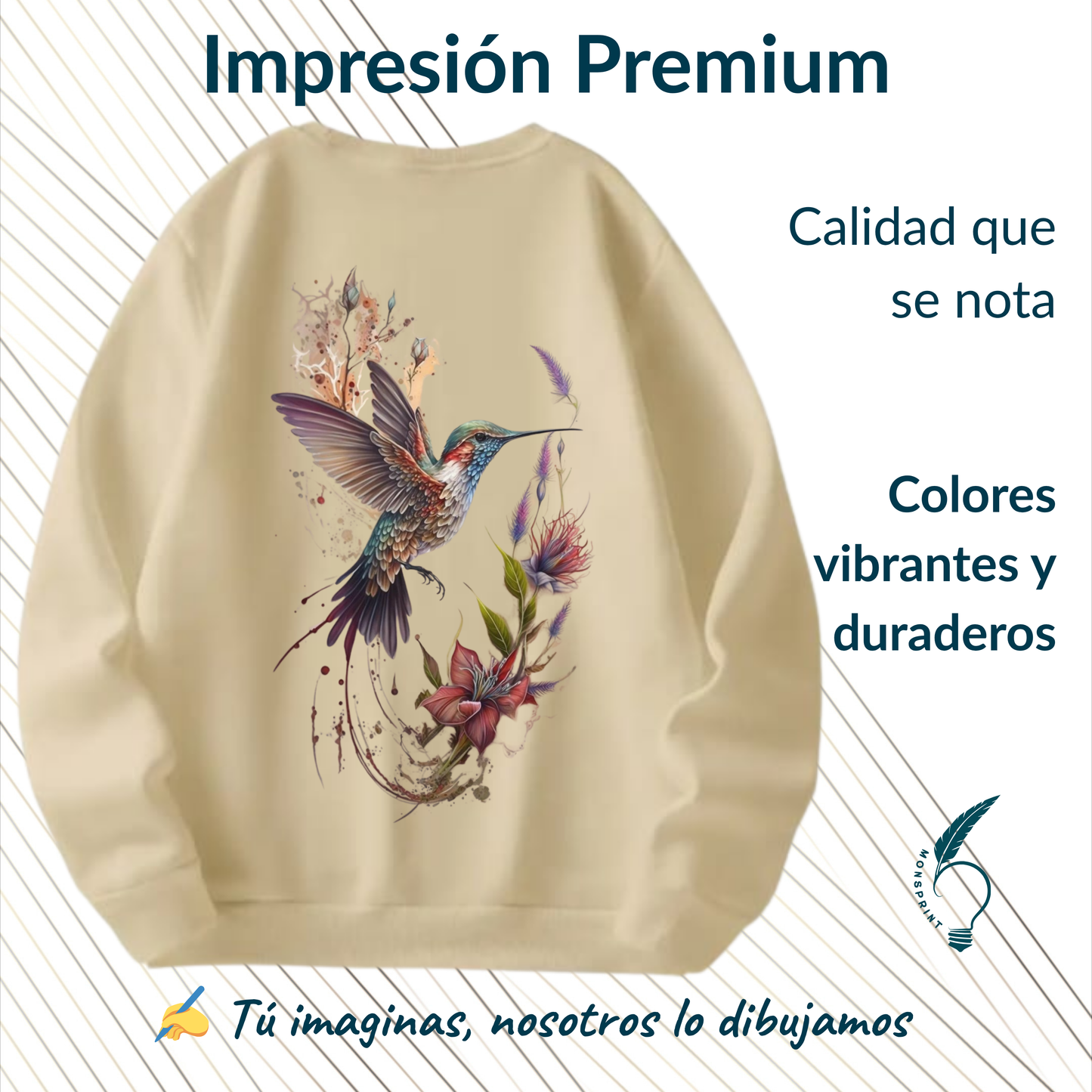 Sudadera beige para dama. Personalizada. Colibrí de colores