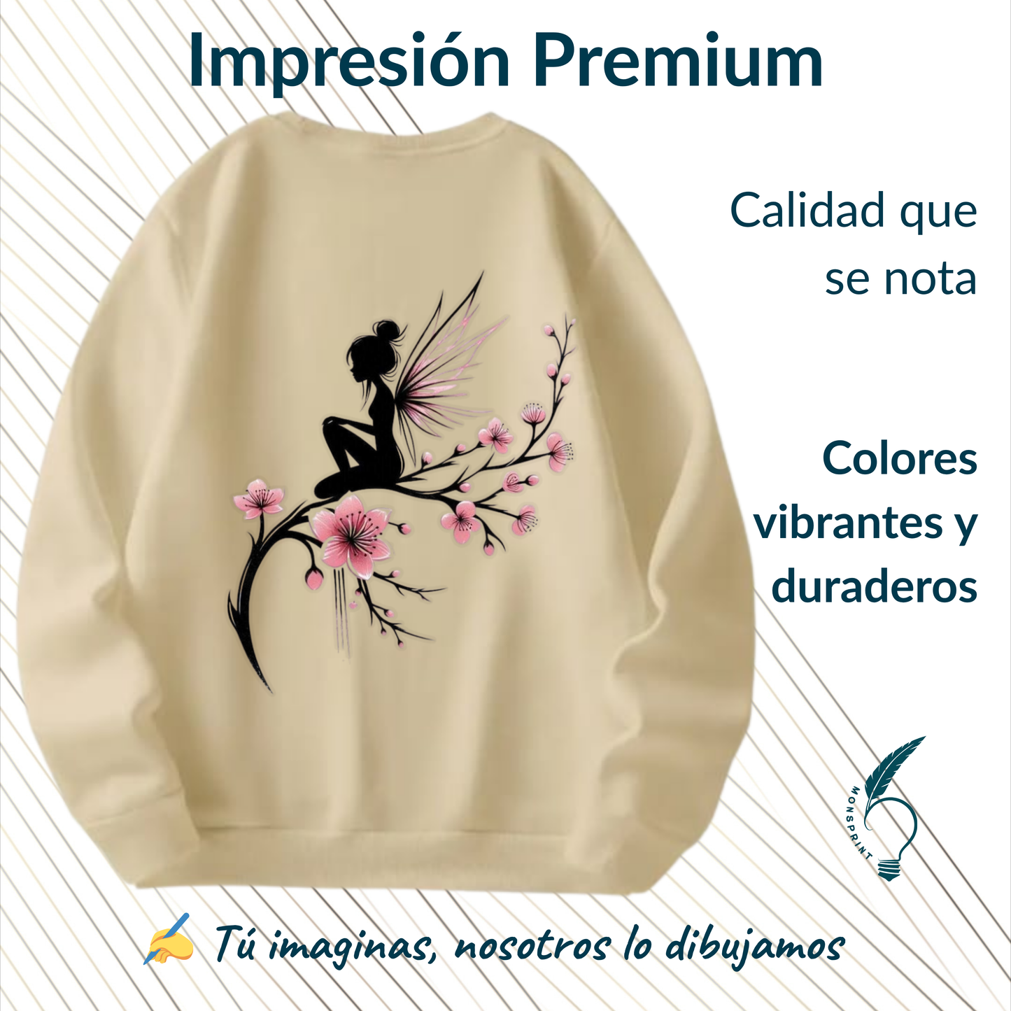 Sudadera Personalizada Beige, Hada con flores