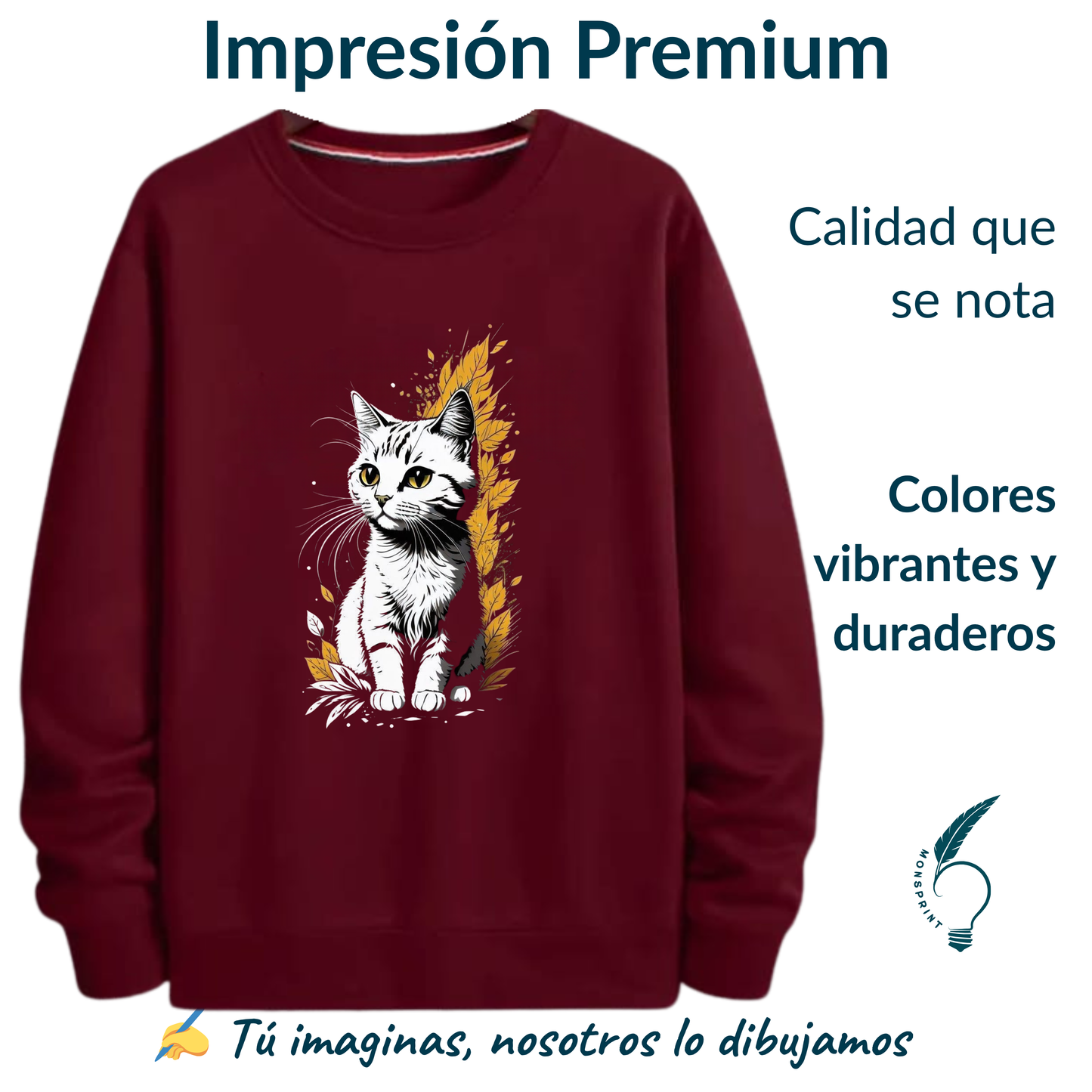 Sudadera de Gato para Mujer Color Burdeos | Diseño Otoñal Original | Personalizable Monsprint