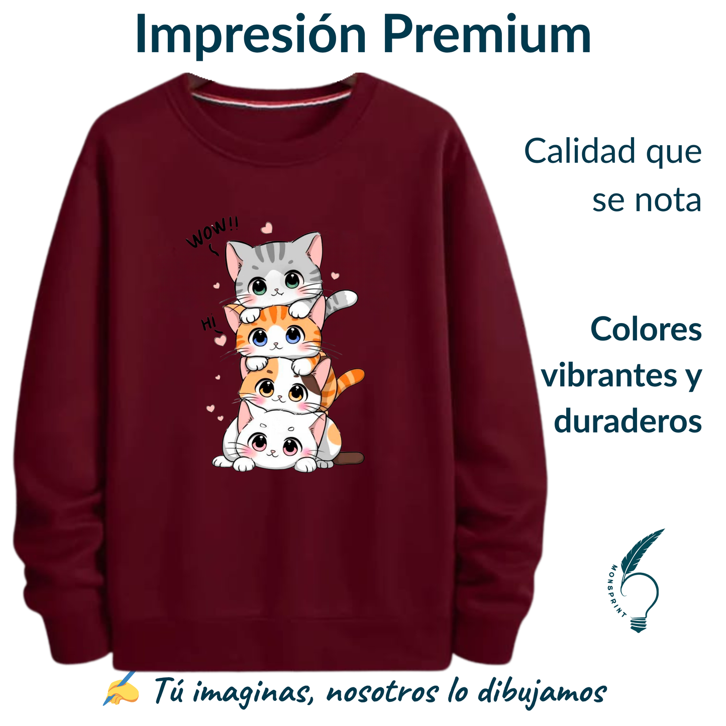 Sudadera burdeos mujer con estampado de gatitos kawaii | Monsprint personalizable