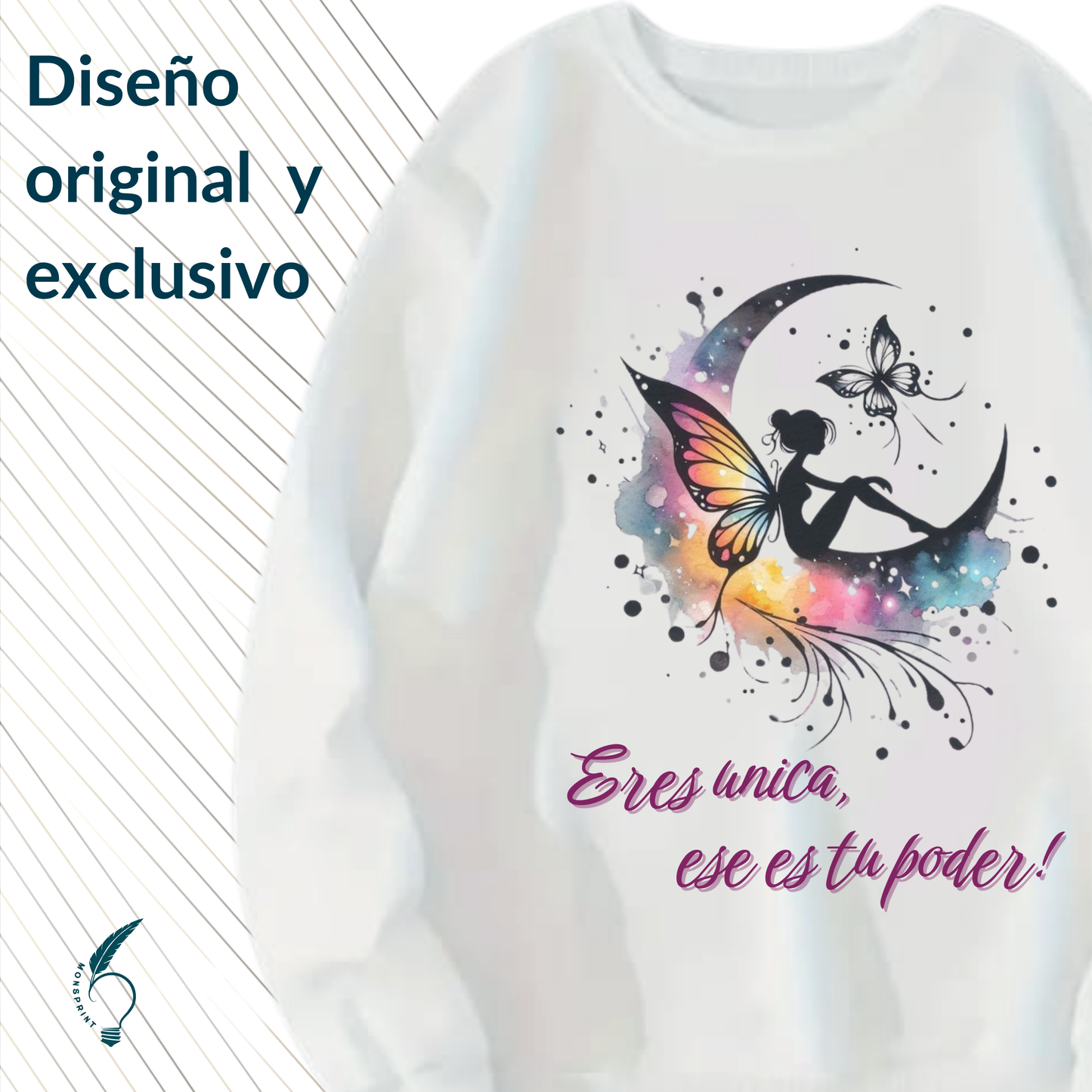 Sudadera blanca Personalizada. Eres Única, ese es tu Poder. Hada Colores