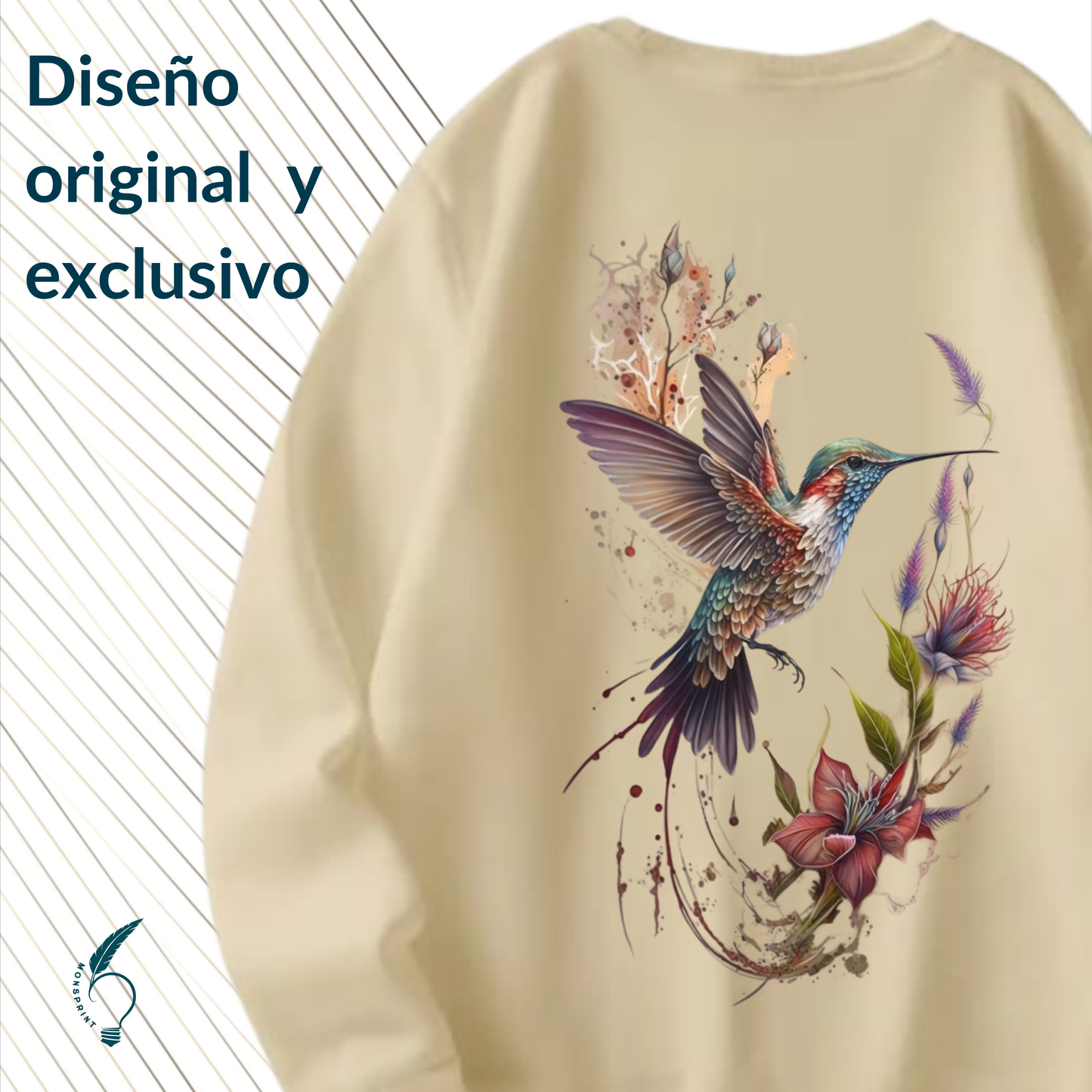 Sudadera beige para dama. Personalizada. Colibrí de colores