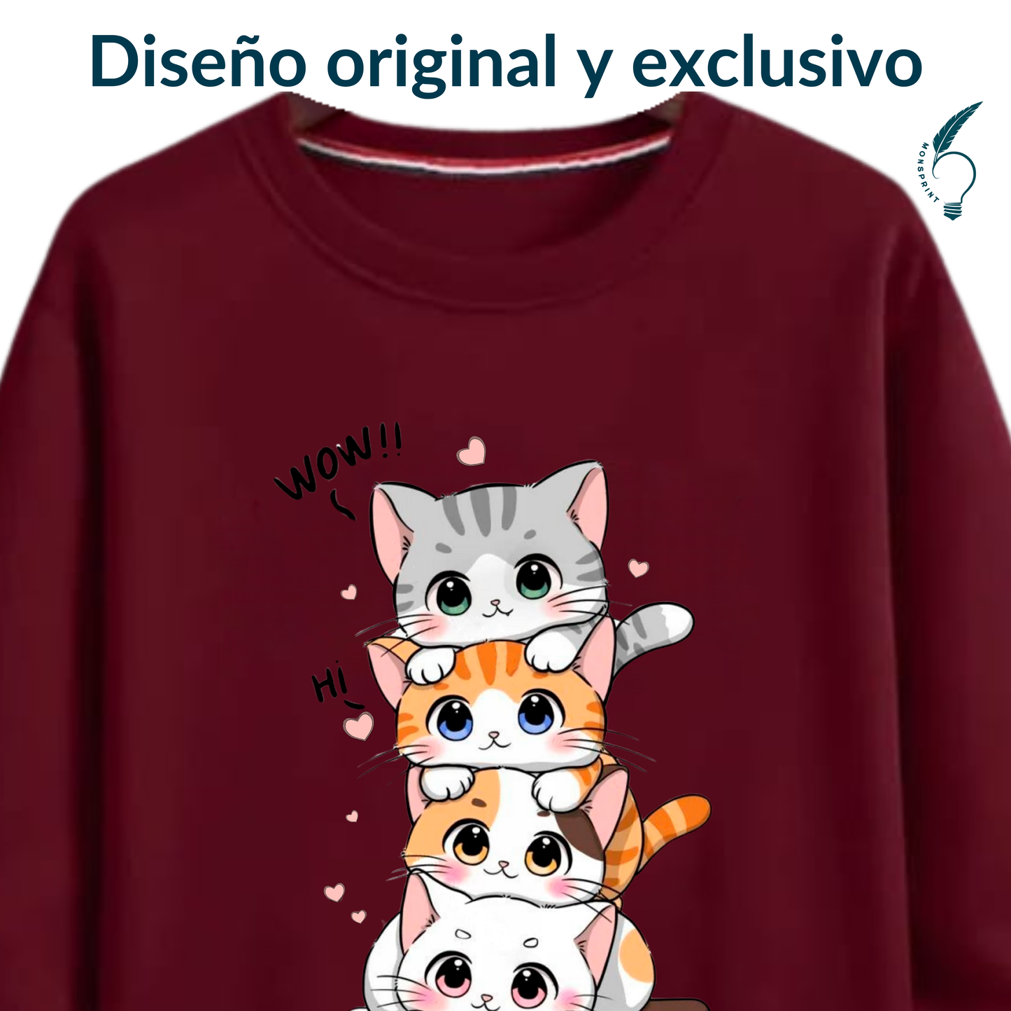 Sudadera burdeos mujer con estampado de gatitos kawaii | Monsprint personalizable