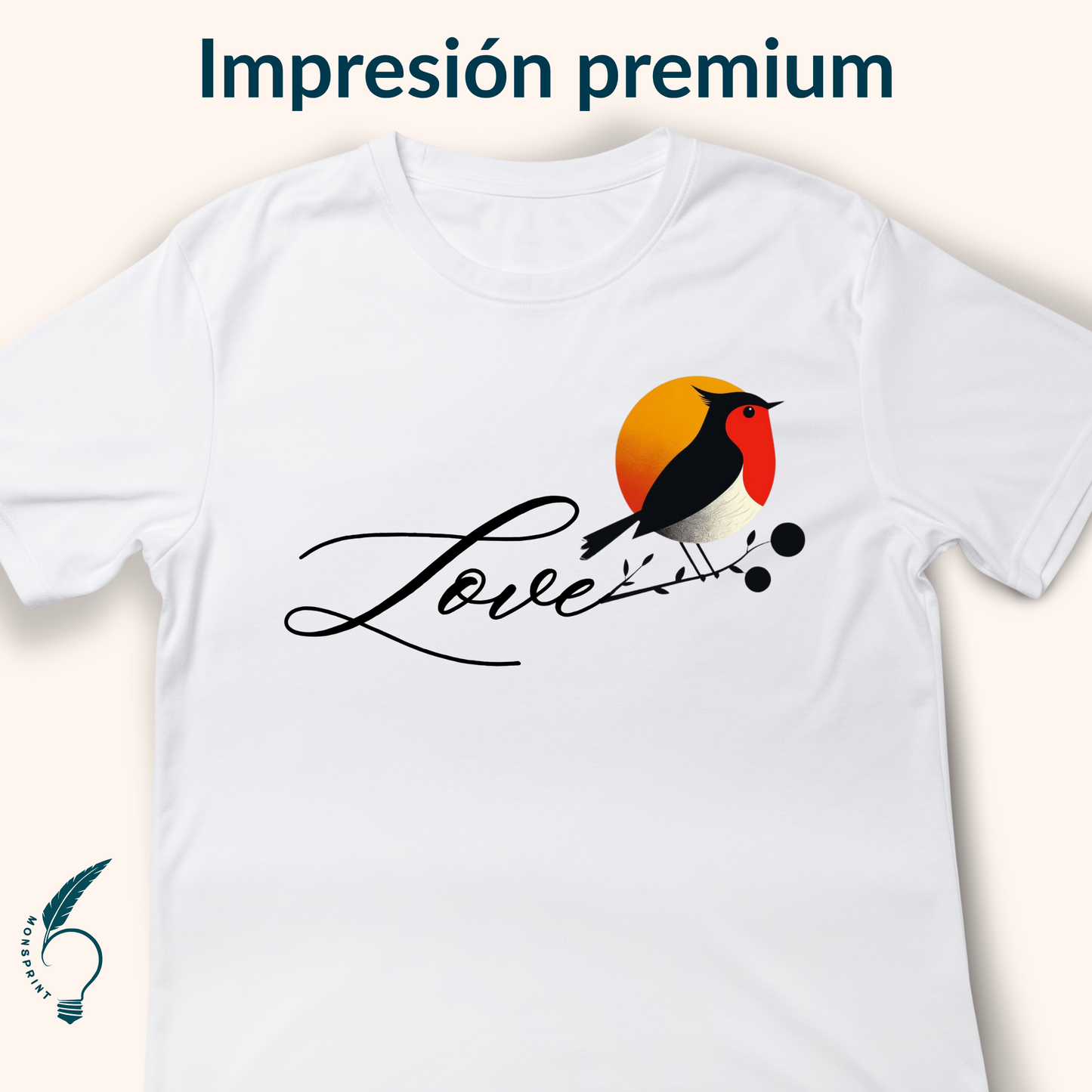 Playera Blanca de Mujer con Diseño Love y Ave al Atardecer – Estilo Romántico, Impresión Sublimada Premium