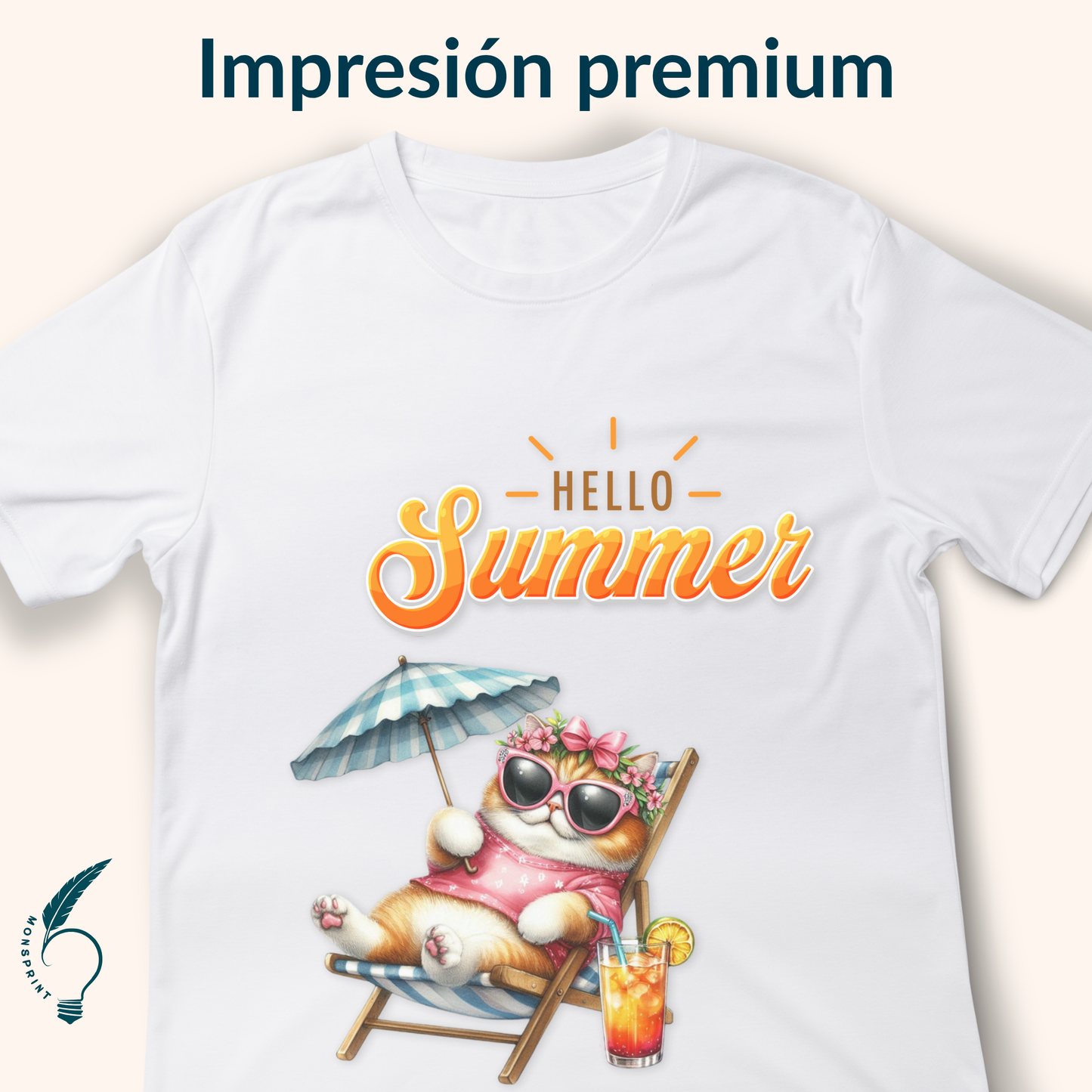 Playera de verano mujer “Hello Summer” | Diseño de gato en reposera | Impresión ecológica personalizada Monsprint