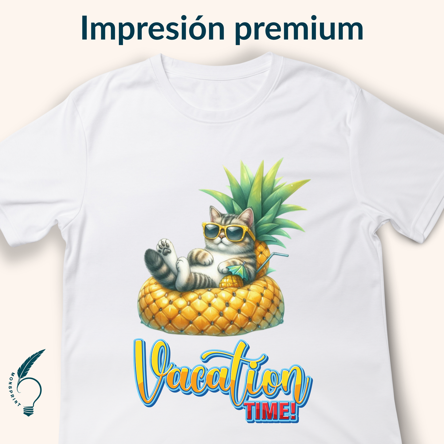 Playera blanca de mujer con diseño de gato veraniego en piña | Estilo divertido Vacation Time - Monsprint