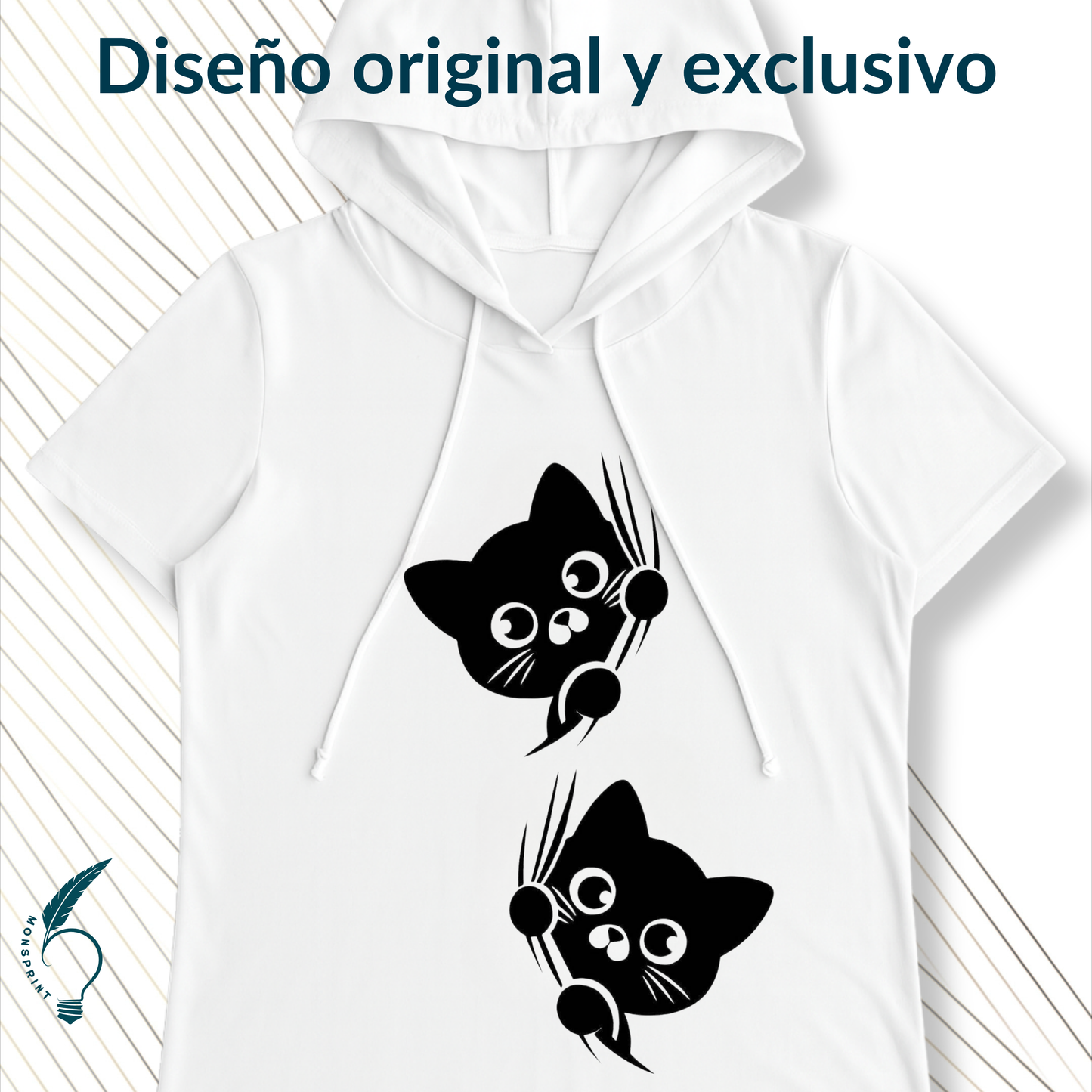 Blusa Blanca Mujer con Capucha Estampado Gatitos | Casual Deportiva Monsprint