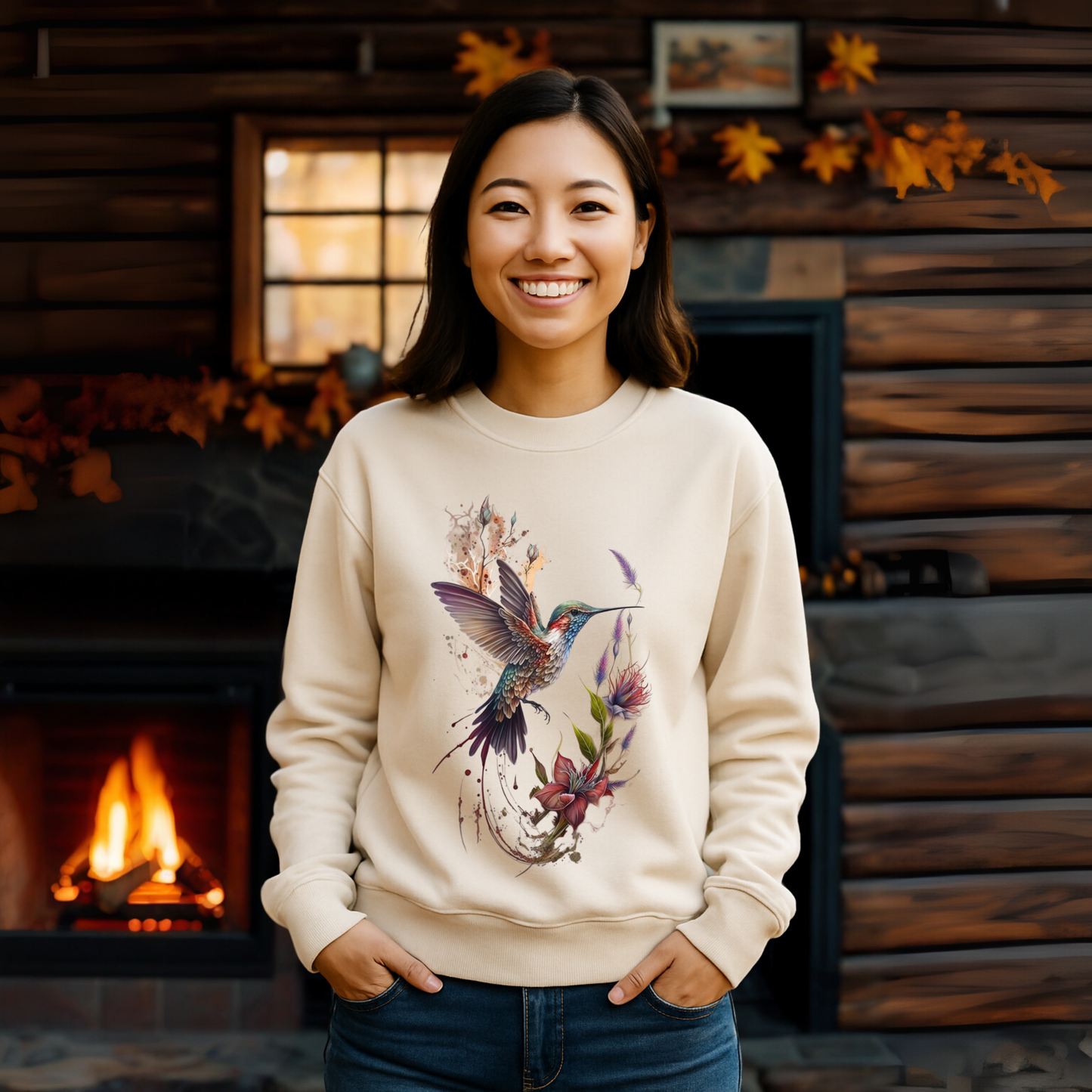 Sudadera beige para dama. Personalizada. Colibrí de colores