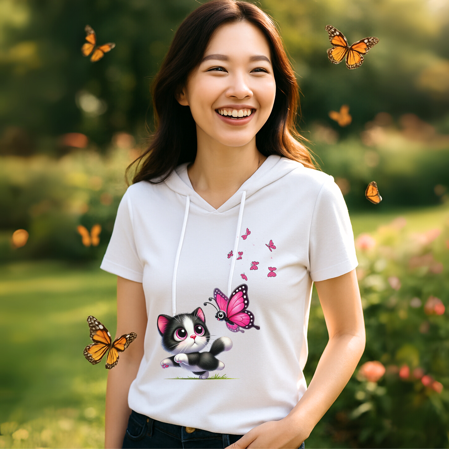 Blusa blanca con capucha para mujer – diseño gatito y mariposas – moda casual primavera/verano