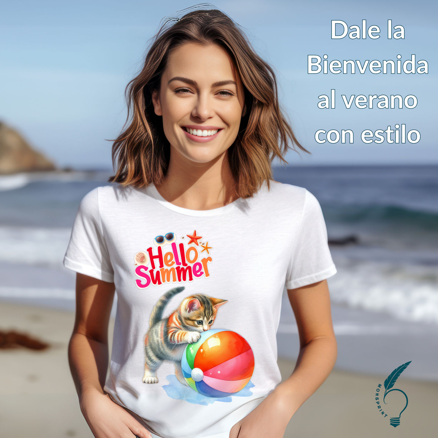 Playera Blanca de Mujer “Hello Summer” con Gatito y Pelota – Diseño Veraniego Personalizable