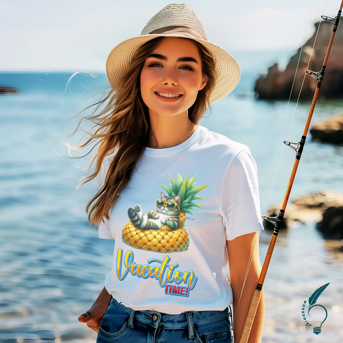 Playera blanca de mujer con diseño de gato veraniego en piña | Estilo divertido Vacation Time - Monsprint