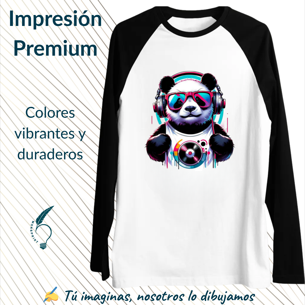 Playera tipo ranglan para hombre. Panda musical