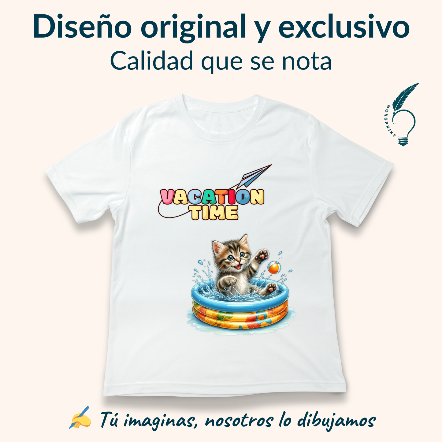 Playera mujer “Vacation Time” con gatito en alberca – diseño tierno y divertido | Monsprint personalizada