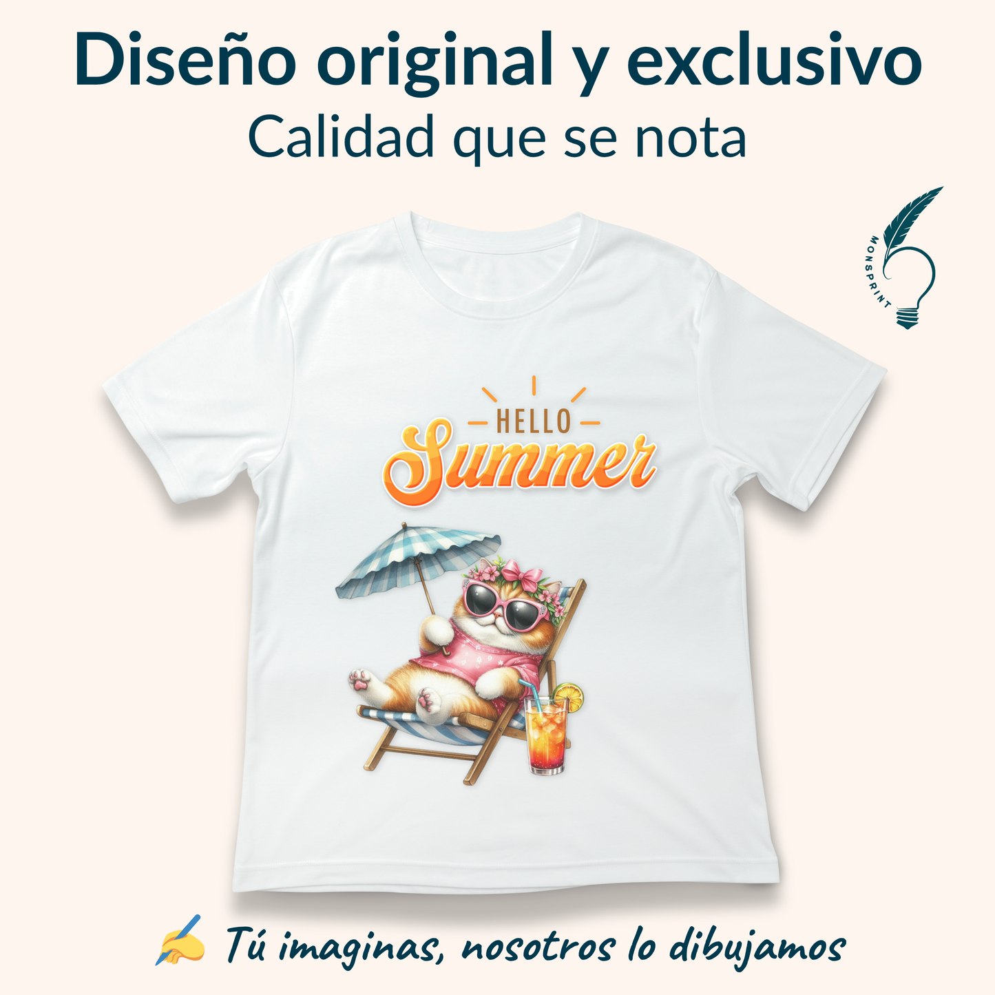 Playera de verano mujer “Hello Summer” | Diseño de gato en reposera | Impresión ecológica personalizada Monsprint