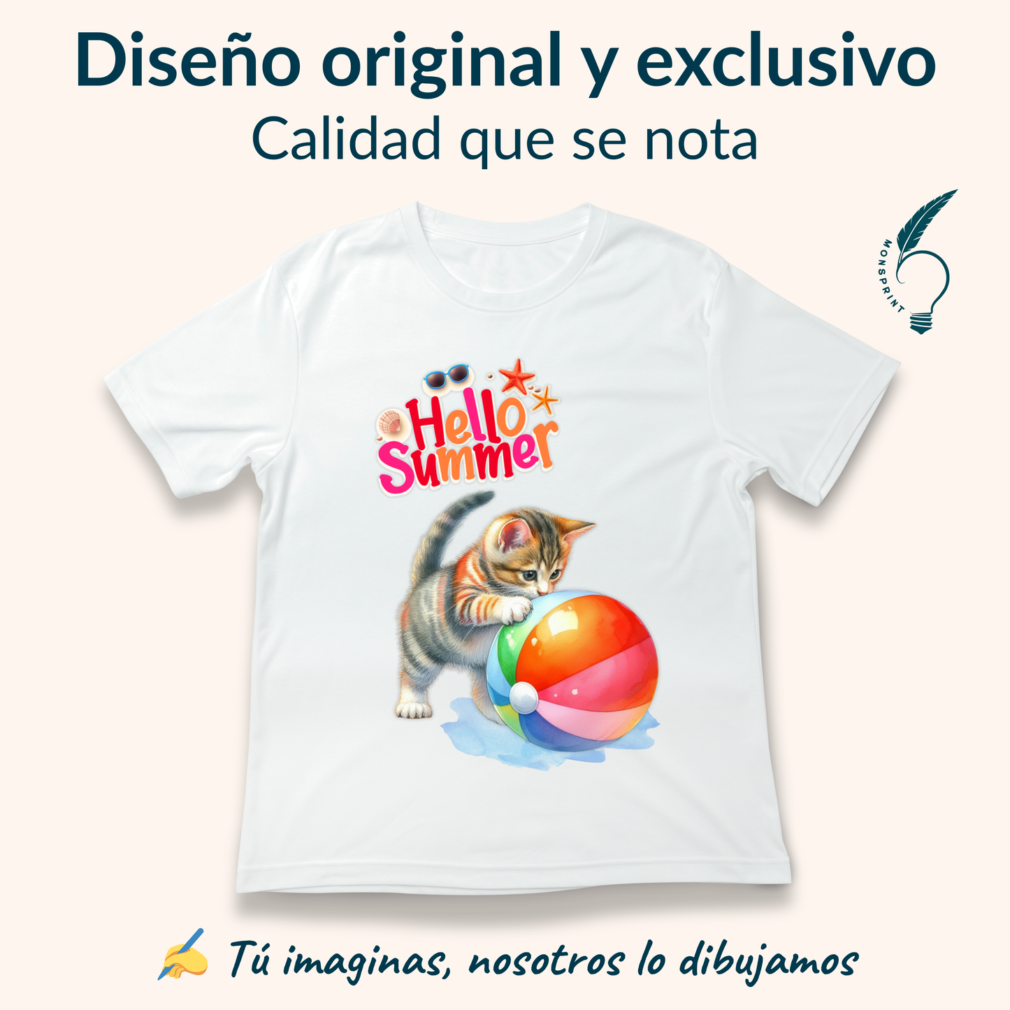 Playera Blanca de Mujer “Hello Summer” con Gatito y Pelota – Diseño Veraniego Personalizable